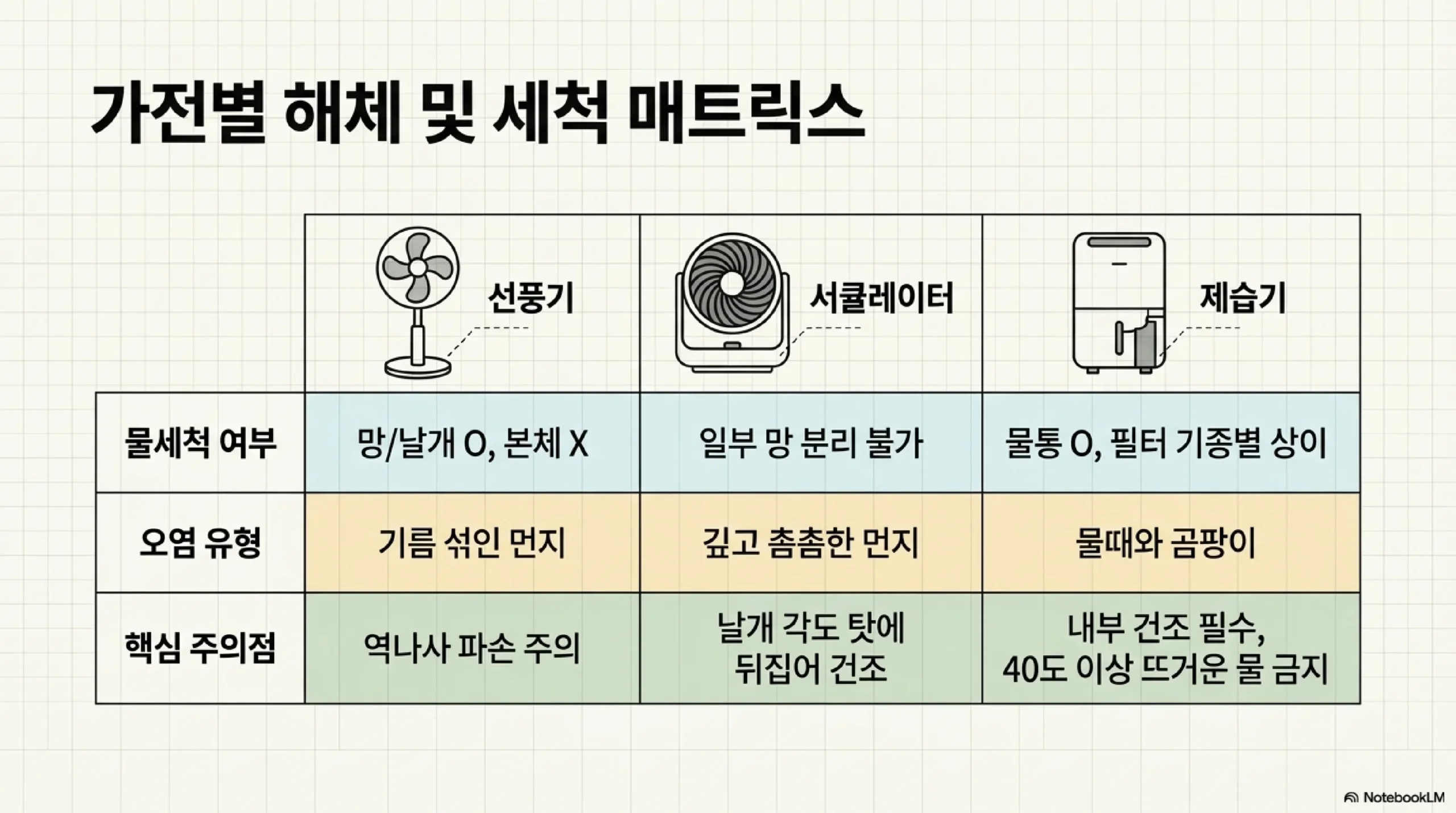 가전별 해체 및 세척 매트릭스 — 선풍기는 망과 날개만 물세척 가능하고 역나사 파손에 주의, 서큘레이터는 일부 망 분리 불가에 뒤집어 건조, 제습기는 물통만 물세척하고 내부 건조 필수에 40도 이상 뜨거운 물 금지