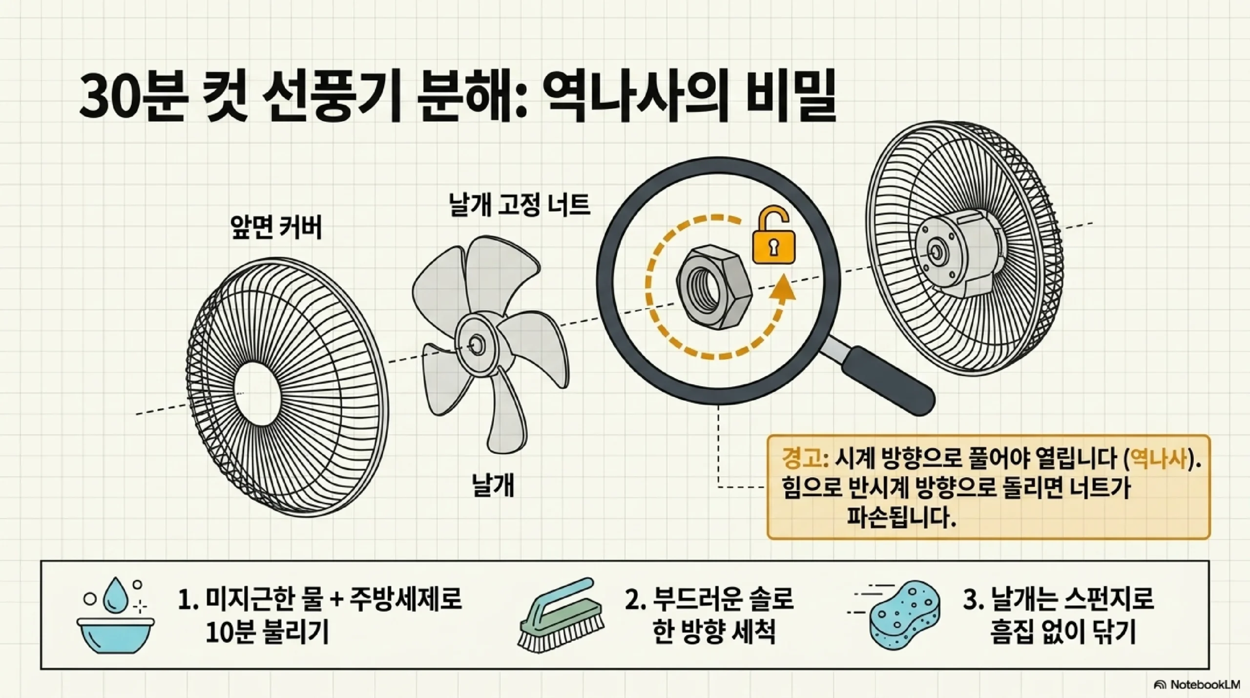 선풍기 분해와 세척 순서 — 앞면 커버와 날개 고정 너트는 시계 방향으로 풀리는 역나사이며, 미지근한 물에 주방세제로 10분 불린 뒤 부드러운 솔로 한 방향 세척하고 날개는 스펀지로 닦는다