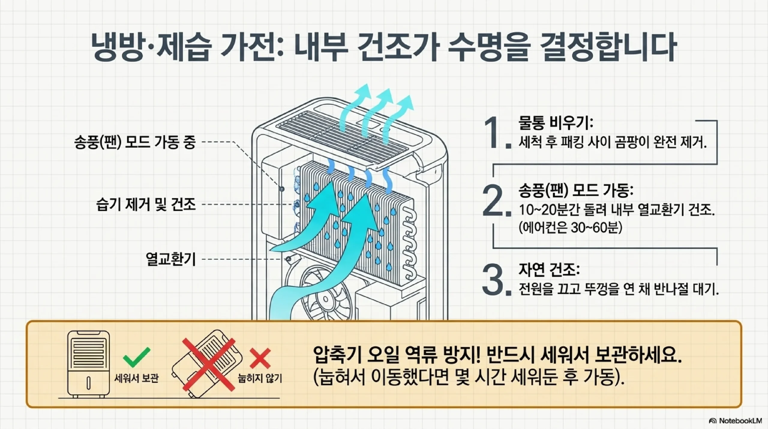 냉방·제습 가전은 내부 건조가 수명을 결정한다 — 물통을 비우고 송풍 모드로 10~20분 돌려 열교환기를 말린 뒤 뚜껑을 연 채 반나절 자연 건조, 압축기 오일 역류를 막기 위해 반드시 세워서 보관