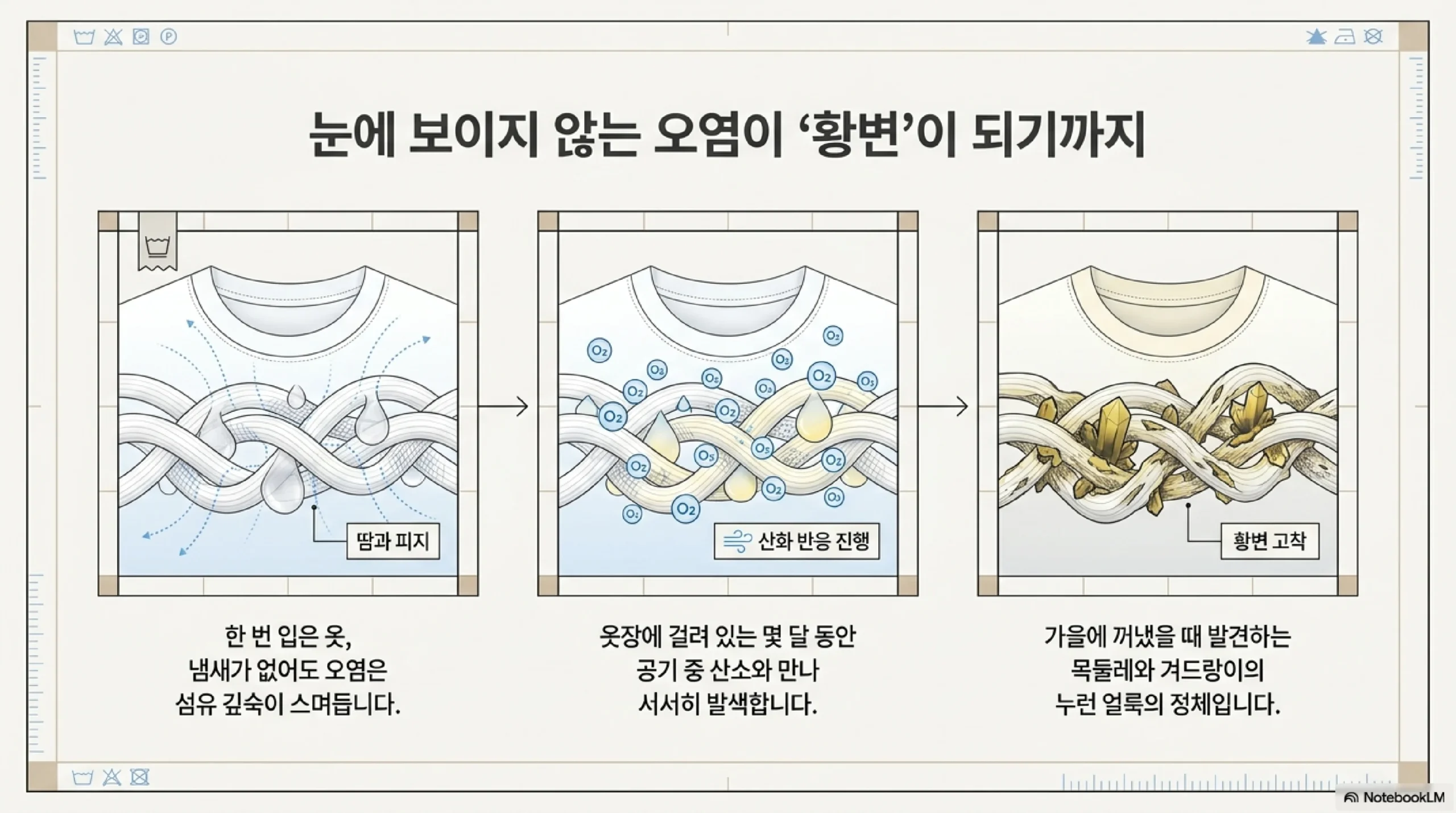 눈에 보이지 않는 오염이 황변이 되기까지 3단계 — 한 번 입은 옷은 냄새가 없어도 땀과 피지가 섬유 깊숙이 스며들고, 옷장에 걸려 있는 몇 달 동안 공기 중 산소와 만나 산화 반응이 진행되며, 가을에 꺼냈을 때 목둘레와 겨드랑이의 누런 얼룩으로 발견된다