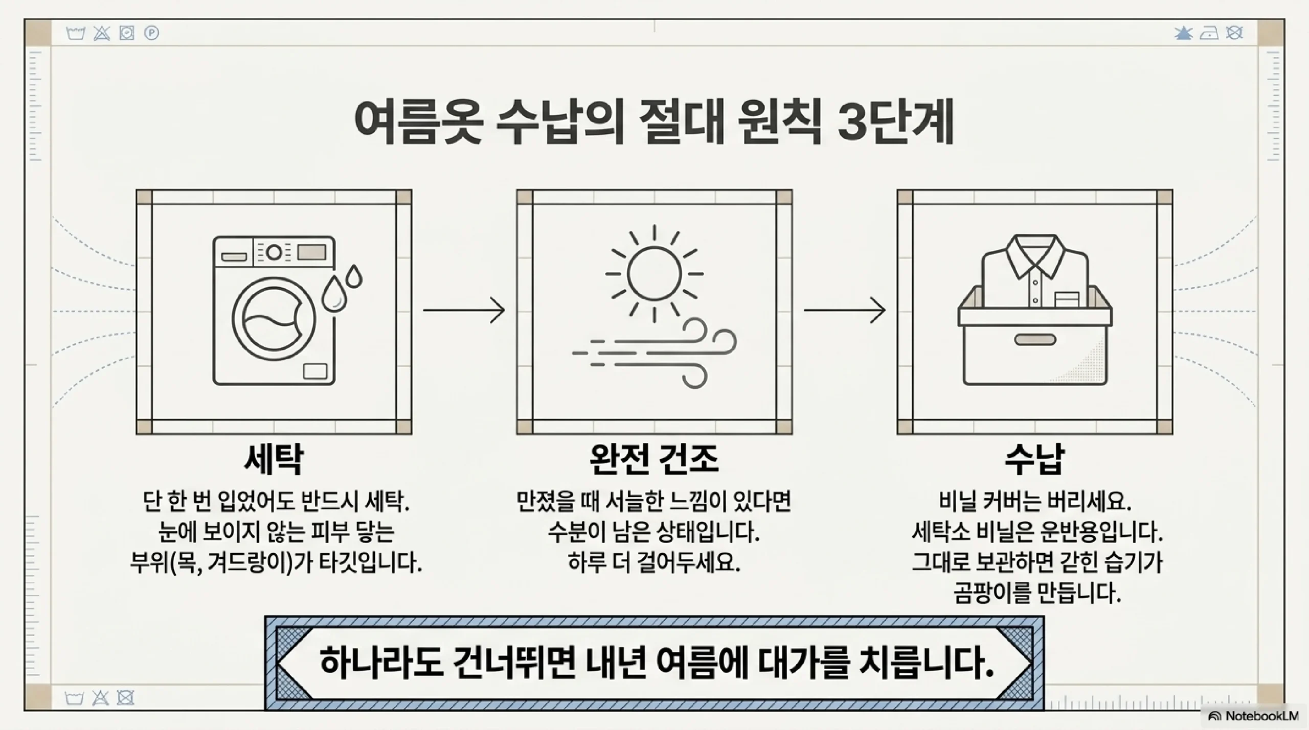 여름옷 수납의 절대 원칙 3단계 세탁과 완전 건조와 수납 — 단 한 번 입었어도 반드시 세탁하고 목과 겨드랑이가 타깃이며, 만졌을 때 서늘한 느낌이 있으면 수분이 남은 상태라 하루 더 걸어 두고, 세탁소 비닐은 운반용이라 벗겨서 넣어야 갇힌 습기로 곰팡이가 생기지 않는다