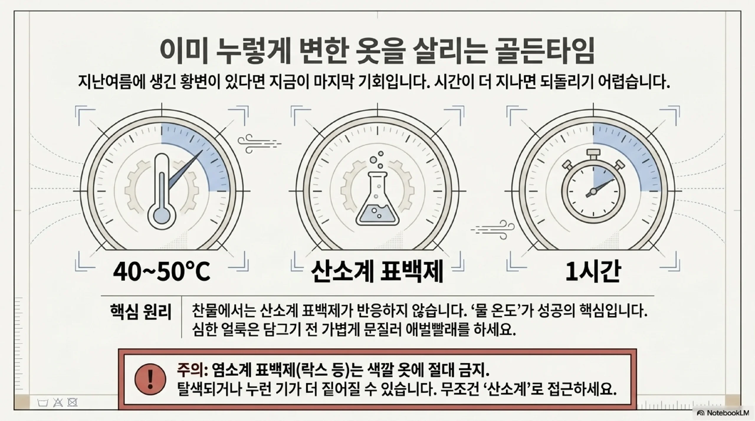 이미 누렇게 변한 옷을 살리는 골든타임 — 40에서 50도 따뜻한 물에 산소계 표백제를 풀고 1시간 담그며, 찬물에서는 산소계 표백제가 반응하지 않아 물 온도가 성공의 핵심이고, 염소계 표백제는 색깔 옷에 탈색을 일으키므로 절대 쓰지 않는다