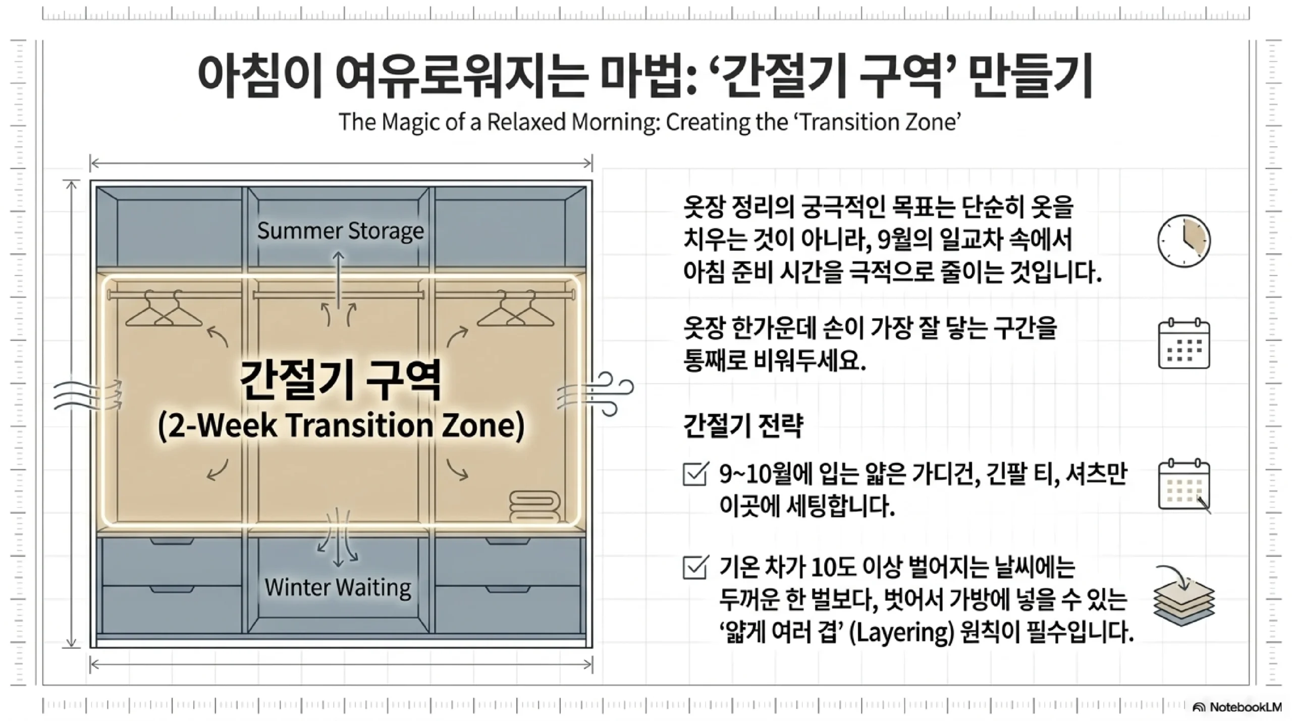 아침이 여유로워지는 간절기 구역 만들기 — 옷장 한가운데 손이 가장 잘 닿는 구간을 통째로 비워 9월과 10월에 입는 얇은 가디건과 긴팔 티와 셔츠만 세팅하고, 위쪽은 여름옷 보관 아래쪽은 겨울옷 대기로 두며, 기온 차가 10도 이상 벌어지는 날에는 두꺼운 한 벌보다 얇게 여러 겹이 낫다