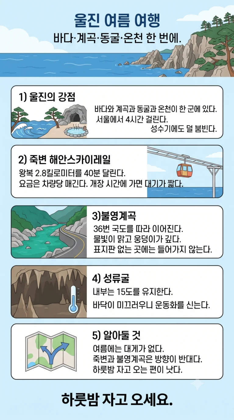 울진 여름 여행 — 불영계곡·죽변 해안스카이레일·덕구온천 코스