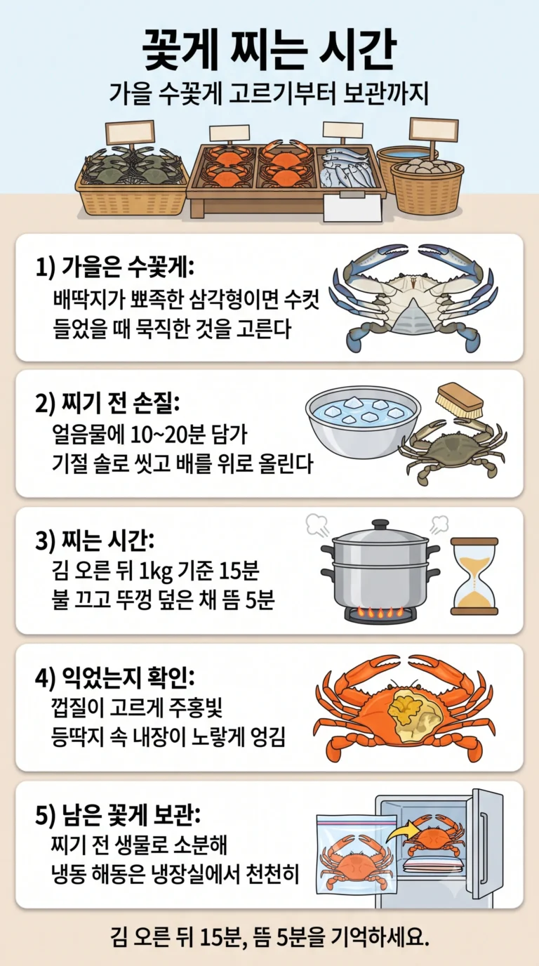 꽃게 찌는 시간 — 가을 수꽃게 고르기·손질과 남은 꽃게 냉동 보관