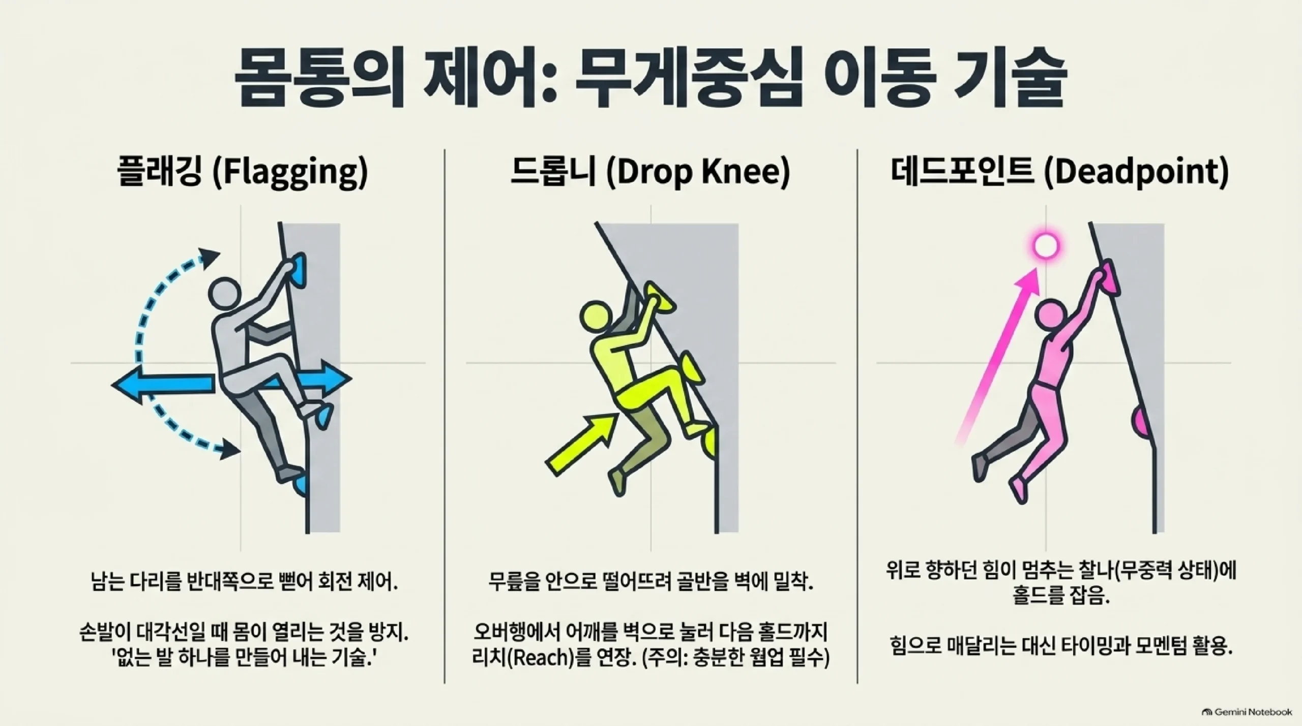 무게중심을 옮기는 세 가지 몸통 기술 — 플래깅은 남는 다리를 반대쪽으로 뻗어 회전을 제어하는 기술로 손과 발이 대각선일 때 몸이 열리는 것을 막아 없는 발 하나를 만들어 내고, 드롭니는 무릎을 안으로 떨어뜨려 골반을 벽에 밀착시키는 기술로 오버행에서 어깨를 벽으로 눌러 다음 홀드까지 닿는 거리를 늘려 주지만 충분한 워밍업이 필요하며, 데드포인트는 위로 향하던 힘이 멈추는 찰나의 무중력 상태에서 홀드를 잡는 기술로 힘으로 매달리는 대신 타이밍과 모멘텀을 활용한다는 설명