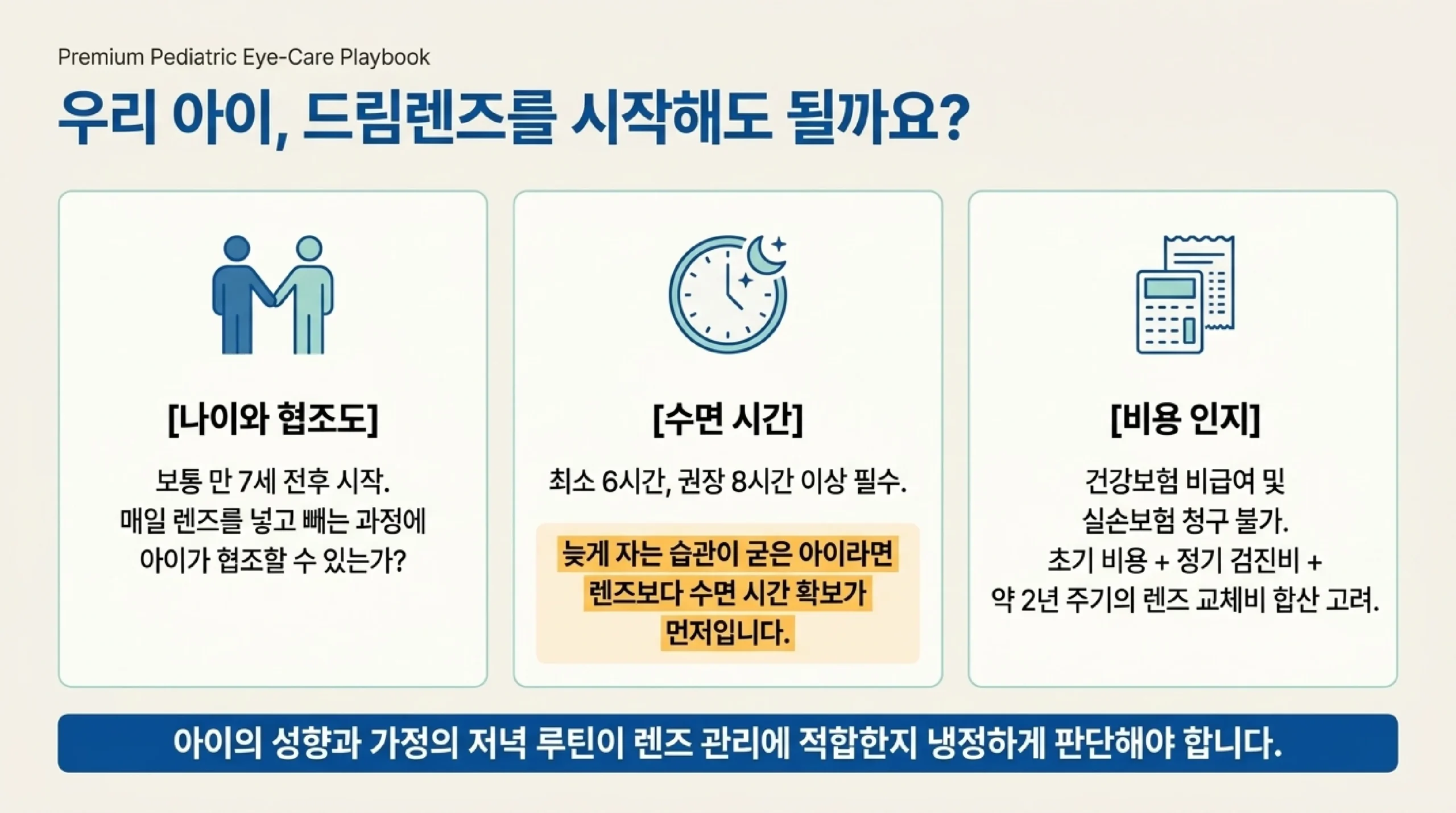 드림렌즈를 시작해도 될지 따져 볼 세 가지 — 나이와 협조도는 보통 만 7세 전후에 시작하며 매일 렌즈를 넣고 빼는 과정에 아이가 협조할 수 있는지 보고, 수면 시간은 최소 6시간 권장 8시간 이상이 필요해 늦게 자는 습관이 굳은 아이라면 수면 시간 확보가 먼저이며, 비용은 건강보험 비급여이고 실손보험 청구도 되지 않으므로 초기 비용과 정기 검진비와 약 2년 주기의 렌즈 교체비를 합산해 따지라는 안내