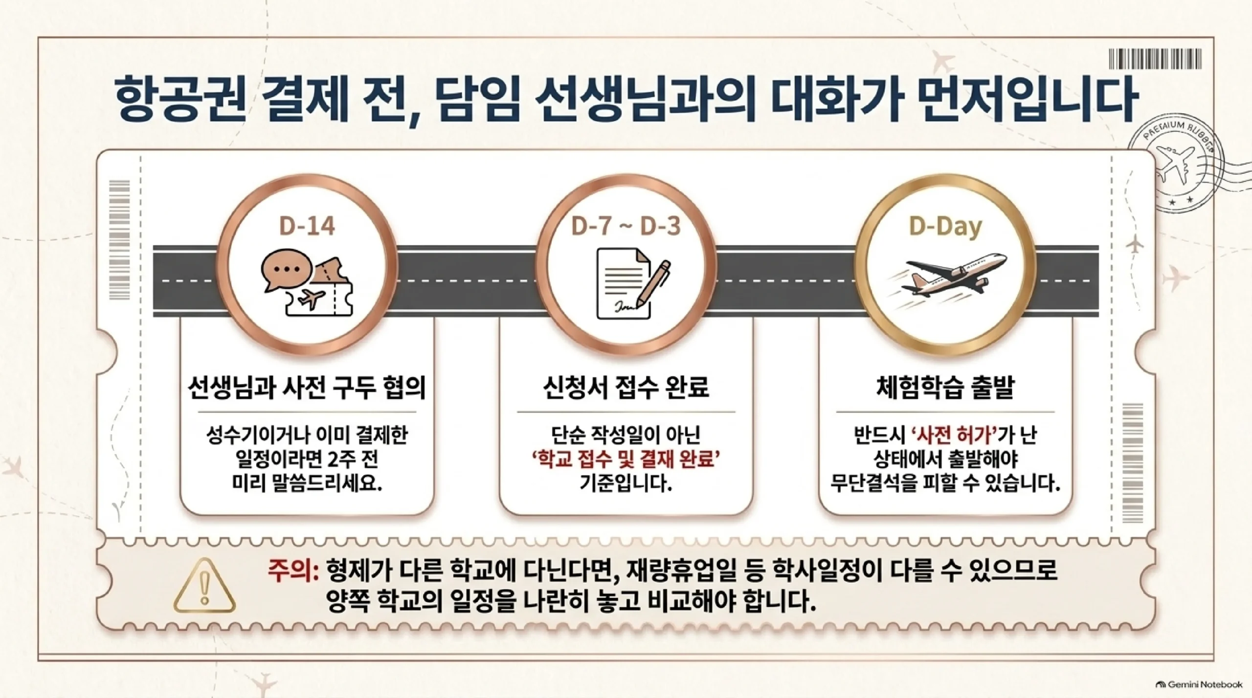 항공권을 결제하기 전에 담임 선생님과 먼저 이야기해야 한다는 일정표 — 출발 14일 전에는 성수기이거나 이미 결제한 일정이라면 선생님께 미리 구두로 말씀드리고, 출발 7일 전부터 3일 전 사이에는 신청서 접수를 마치되 단순 작성일이 아니라 학교 접수와 결재가 완료된 날을 기준으로 보며, 출발 당일에는 반드시 사전 허가가 난 상태여야 무단결석을 피할 수 있고, 형제가 다른 학교에 다닌다면 재량휴업일 등 학사일정이 달라 양쪽 일정을 나란히 놓고 비교해야 한다는 내용