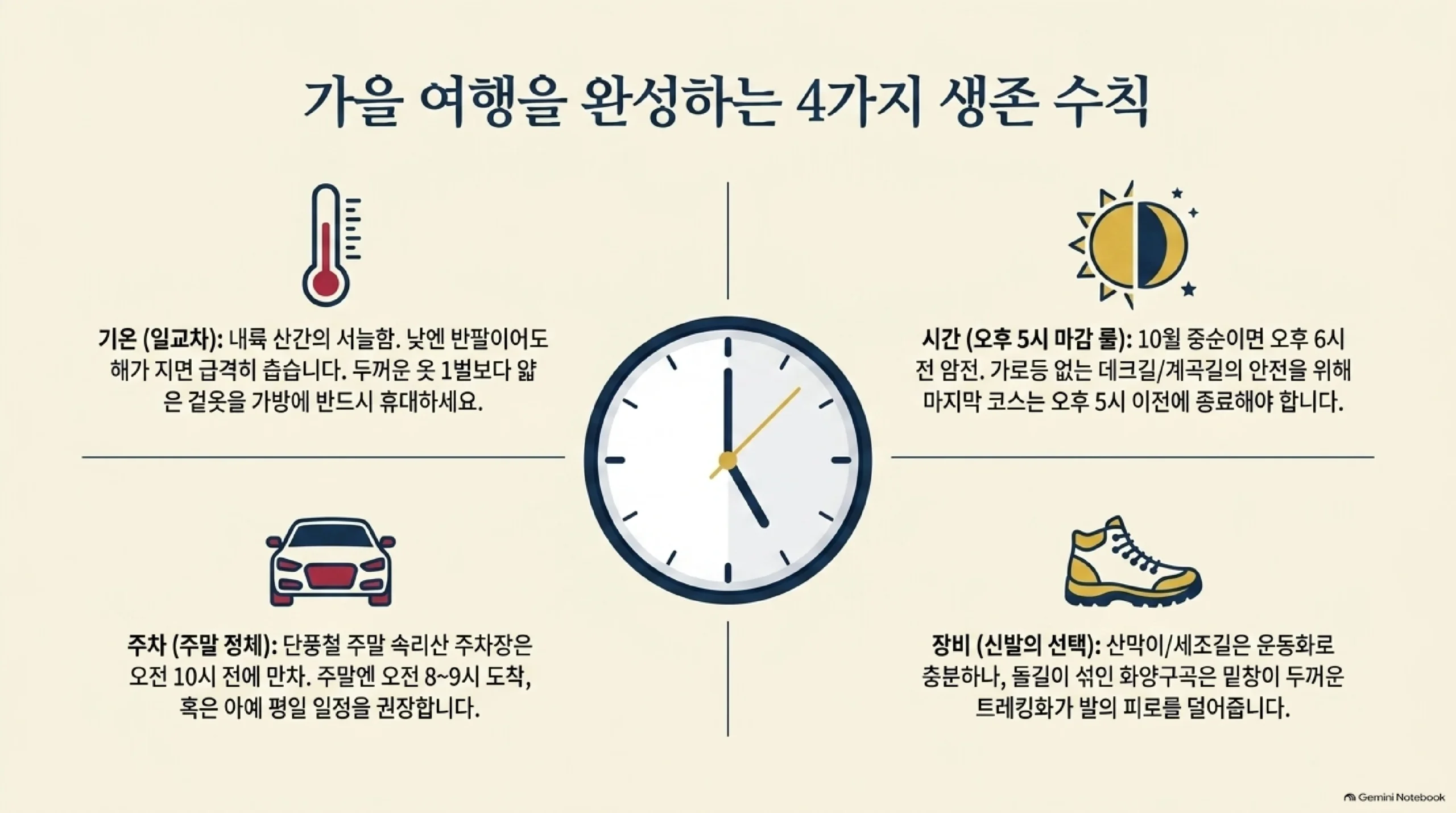 가을 여행을 완성하는 네 가지 수칙 — 첫째 일교차로 내륙 산간은 낮에 반팔이어도 해가 지면 급격히 추워지므로 두꺼운 옷 한 벌보다 얇은 겉옷을 가방에 휴대하고, 둘째 시간은 10월 중순이면 오후 6시 전에 어두워지고 가로등 없는 데크길과 계곡길의 안전을 위해 마지막 코스를 오후 5시 이전에 끝내야 하며, 셋째 주차는 단풍철 주말 속리산 주차장이 오전 10시 전에 만차가 되므로 오전 8시에서 9시 사이 도착이나 평일 일정을 권하고, 넷째 신발은 산막이옛길과 세조길은 운동화로 충분하나 돌길이 섞인 화양구곡은 밑창이 두꺼운 트레킹화가 발의 피로를 덜어준다는 정리