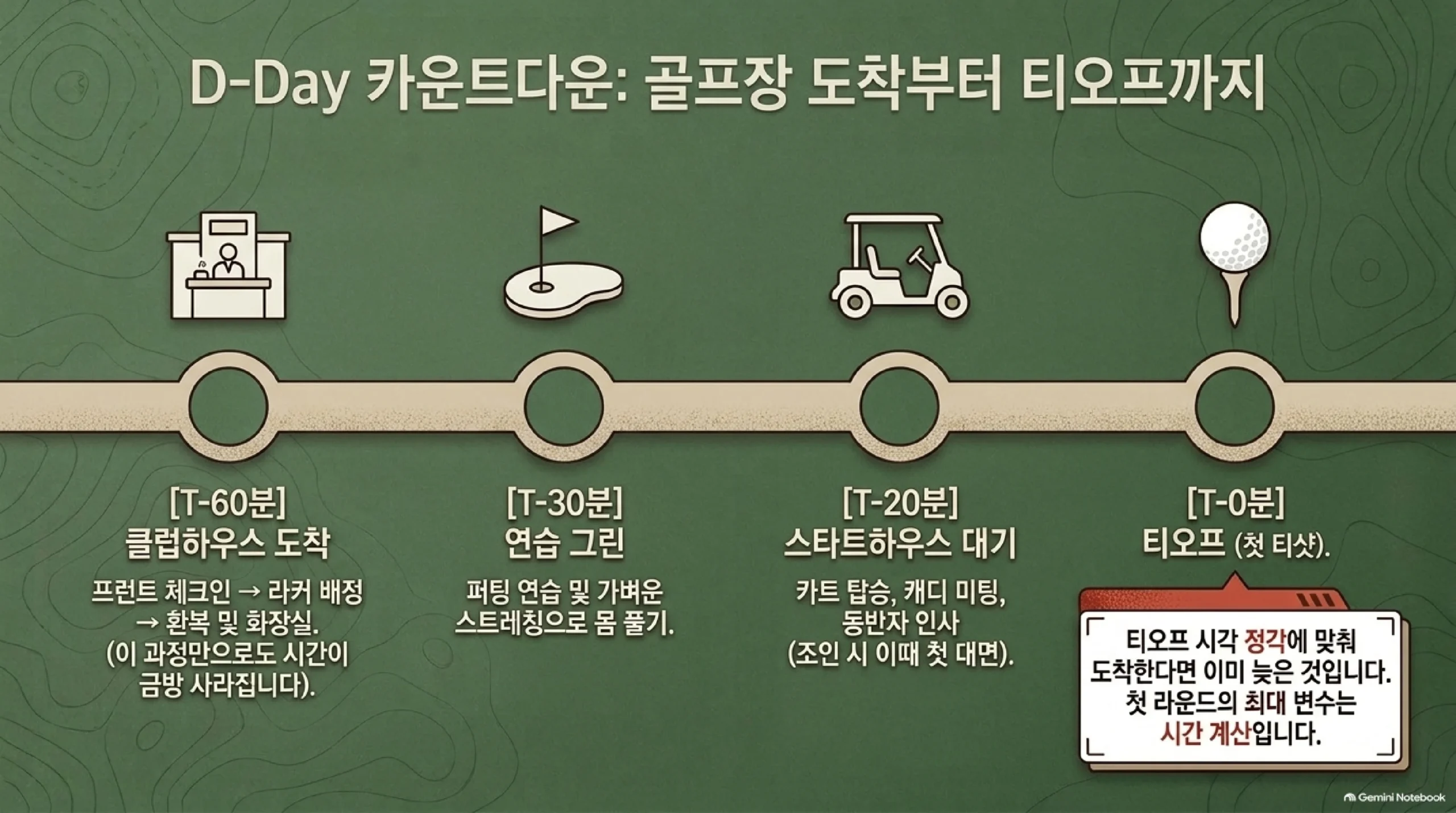 골프장 도착부터 첫 티샷까지의 시간표를 카운트다운으로 그린 도표 — 티오프 60분 전에는 클럽하우스에 도착해 프런트 체크인과 라커 배정과 환복을 마치고, 30분 전에는 연습 그린에서 퍼팅을 해 보며 몸을 풀고, 20분 전에는 스타트하우스에 가서 캐디를 만나고 같은 팀 사람들과 인사하며, 0분에 첫 티샷을 한다는 순서이고, 티오프 시각은 정각에 맞춰 도착하면 이미 늦은 것이므로 첫 라운드에서는 시간 계산이 최대 변수라는 점을 강조한 그림
