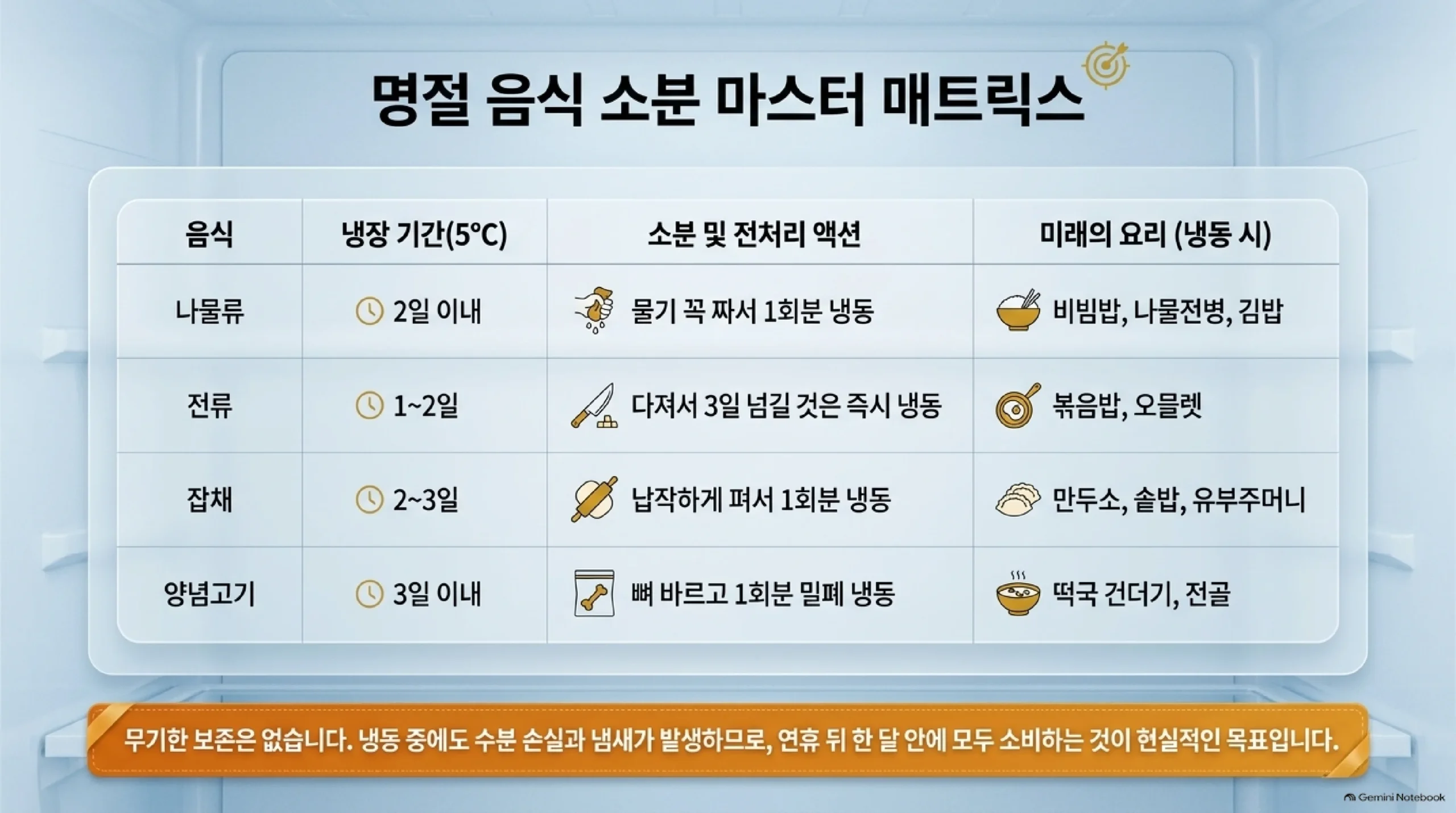 명절 음식별 냉장 기간과 소분 방법, 꺼내서 만들 요리를 정리한 표 — 나물류는 냉장 2일 이내·물기를 꼭 짜서 1회분 냉동·비빔밥과 나물전병과 김밥, 전류는 1~2일·다져서 3일 넘길 것은 즉시 냉동·볶음밥과 오믈렛, 잡채는 2~3일·납작하게 펴서 1회분 냉동·만두소와 솥밥과 유부주머니, 양념고기는 3일 이내·뼈를 발라 1회분 밀폐 냉동·떡국 건더기와 전골이며, 냉동 중에도 수분 손실과 냄새가 생기므로 연휴 뒤 한 달 안에 다 먹는 것이 현실적인 목표라는 당부