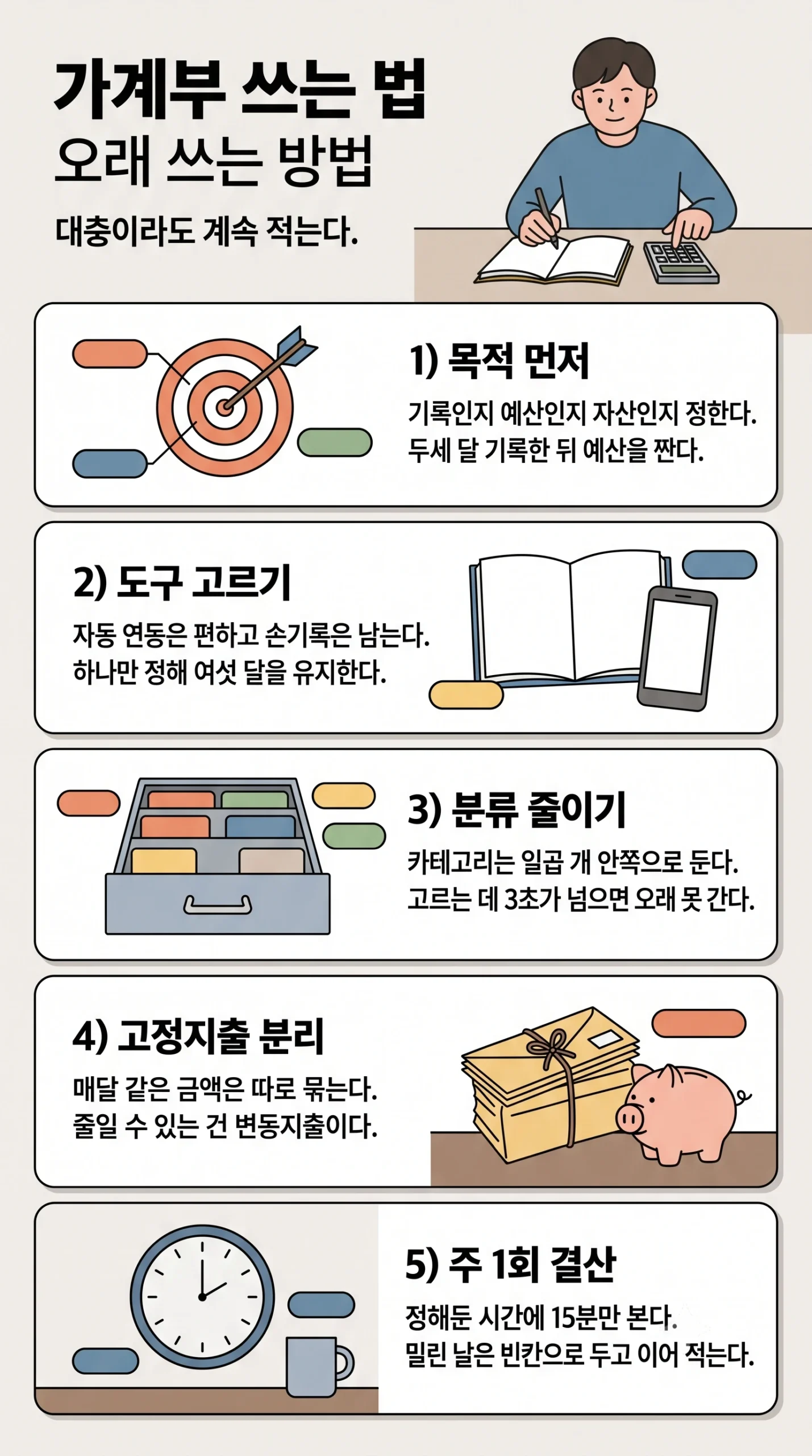 가계부 쓰는 법 인포그래픽 — 도구를 고르기 전에 기록인지 예산인지 자산인지 목적을 먼저 정하고 두세 달 기록한 뒤 예산을 짜며, 자동 연동은 편하지만 지출 감각이 사라지고 손기록은 번거로운 만큼 남으므로 하나만 정해 여섯 달을 유지하고, 카테고리는 일곱 개 안쪽으로 두어 고르는 데 3초가 넘지 않게 하며, 매달 같은 금액이 나가는 고정지출은 따로 묶어 변동지출에만 집중하고, 결산은 정해둔 시간에 주 1회 15분만 하며 밀린 날은 빈칸으로 두고 이어 적는다는 안내