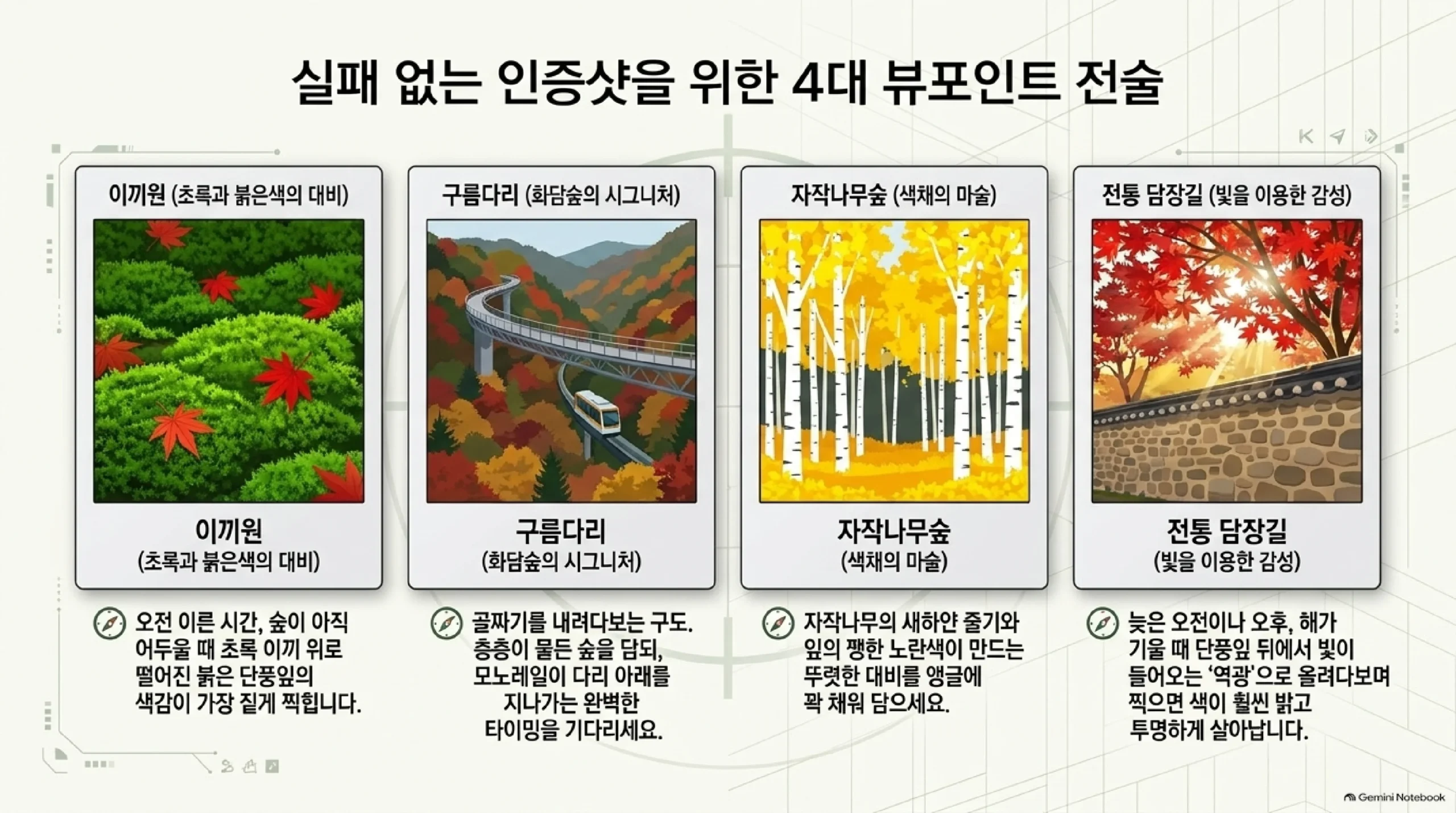 화담숲 단풍 사진이 잘 나오는 네 곳 — 오전 이른 시간 초록 이끼와 붉은 단풍잎이 대비되는 이끼원, 골짜기와 모노레일을 내려다보는 구름다리, 흰 줄기와 노란 잎의 자작나무숲, 늦은 오후 역광에 단풍이 빛나는 전통 담장길
