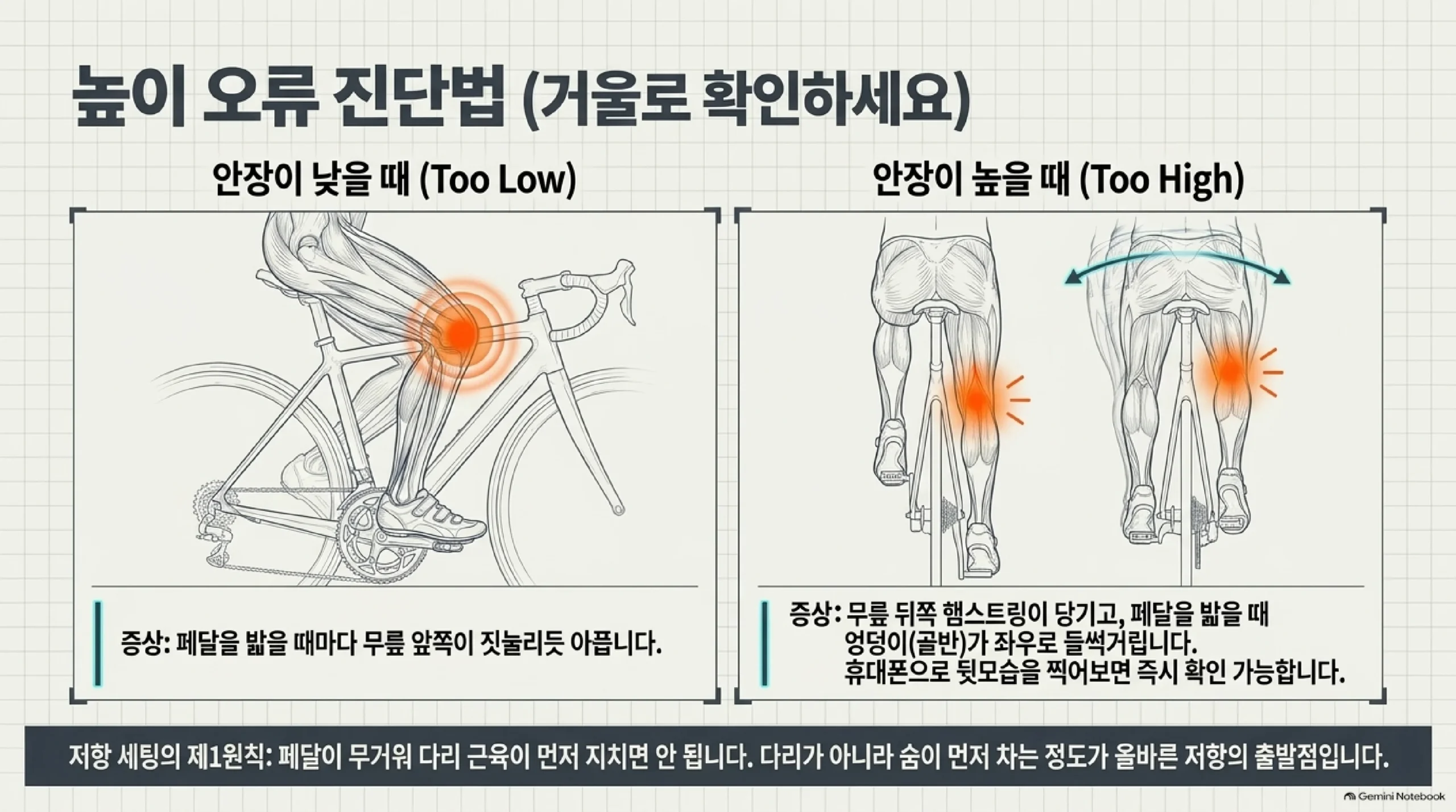 안장 높이 오류를 스스로 진단하는 방법 — 안장이 낮으면 페달을 밟을 때마다 무릎 앞쪽이 짓눌리듯 아프고, 안장이 높으면 무릎 뒤쪽 햄스트링이 당기며 페달을 밟을 때 엉덩이와 골반이 좌우로 들썩이므로 휴대폰으로 뒷모습을 찍어 보면 바로 확인할 수 있으며, 저항은 페달이 무거워 다리 근육이 먼저 지치면 안 되고 다리가 아니라 숨이 먼저 차는 정도가 올바른 출발점이라는 내용을 담은 슬라이드