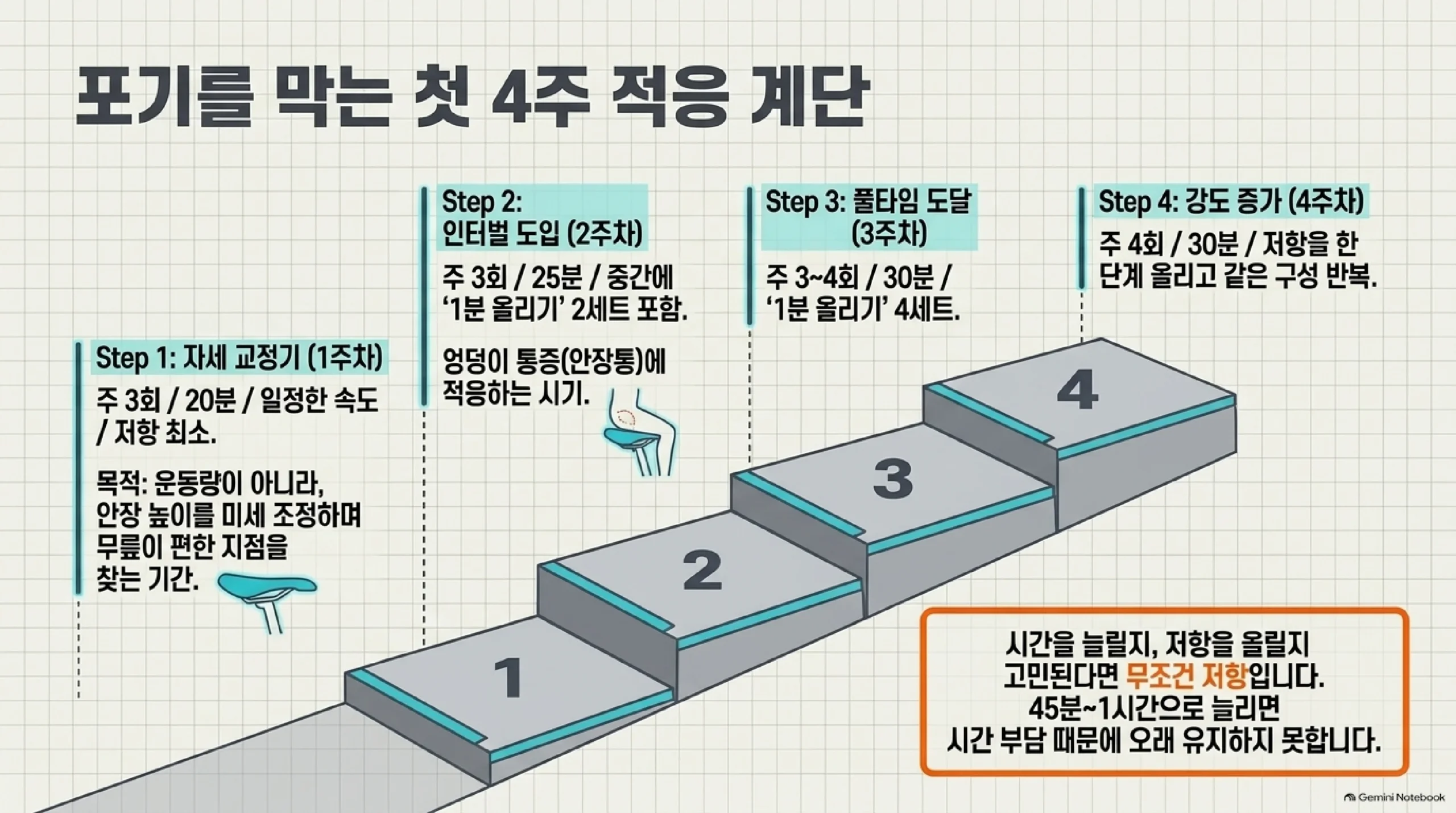 실내 자전거 입문 첫 4주 단계별 계획 — 1주차는 주 3회 20분을 일정한 속도로만 저항 최소로 타면서 운동량보다 안장 높이를 미세 조정해 무릎이 편한 지점을 찾고, 2주차는 주 3회 25분에 1분 올리기를 두 세트 넣으며 엉덩이 통증에 적응하는 시기이고, 3주차는 주 3~4회 30분에 1분 올리기를 네 세트로 늘리며, 4주차는 주 4회 30분에 저항을 한 단계 올려 같은 구성을 반복하되 시간을 45분이나 한 시간으로 늘리기보다 저항을 올리는 쪽이 오래 간다는 내용을 담은 슬라이드