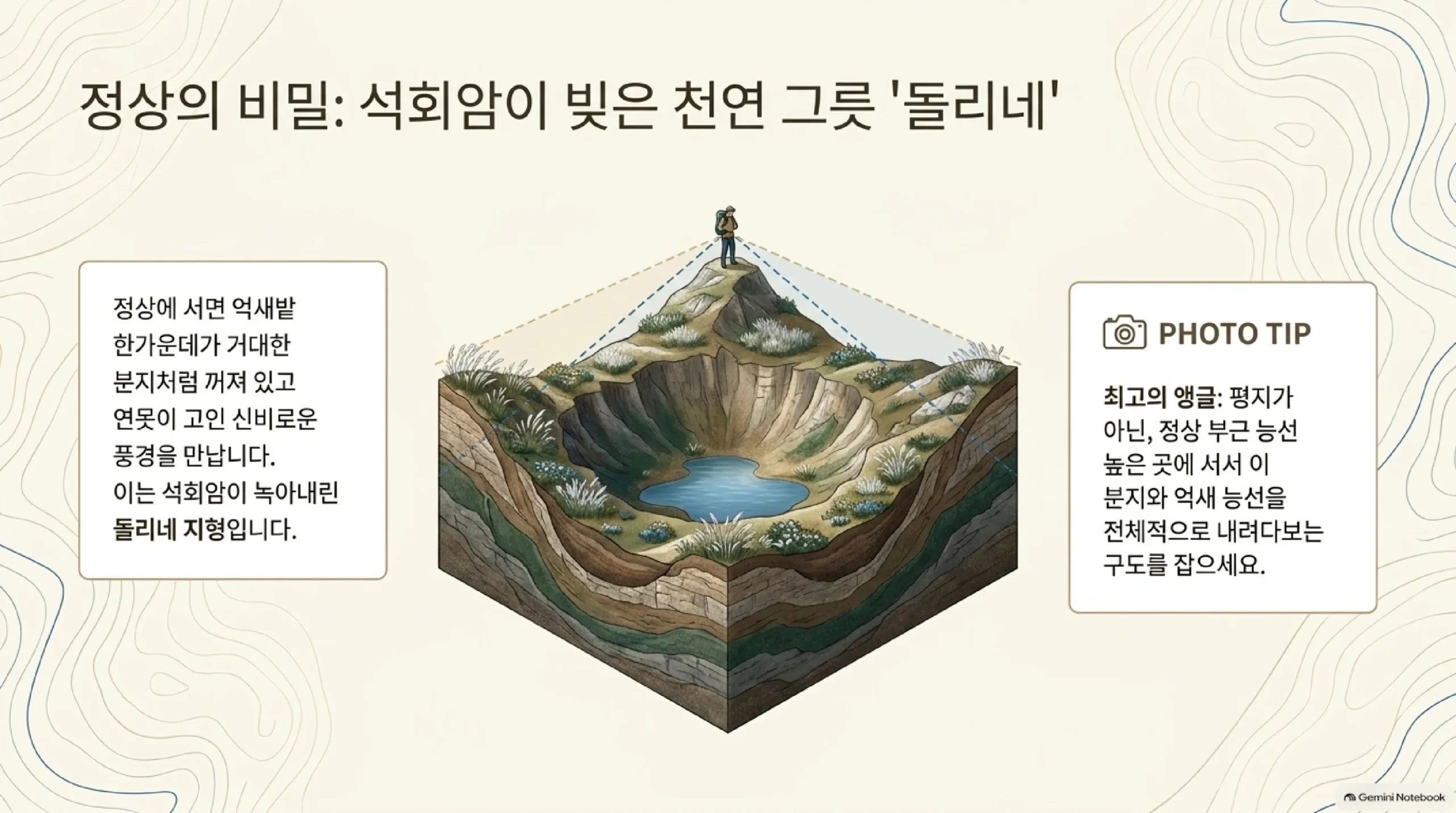 민둥산 정상의 돌리네 — 정상에 서면 억새밭 한가운데 거대한 그릇처럼 꺼진 분지와 바닥의 작은 연못이 보이며, 이는 석회암이 빗물에 녹아내려 생긴 돌리네 지형이고, 평지가 아니라 정상 부근 능선의 높은 곳에서 분지와 억새 능선을 함께 내려다보는 구도가 사진에 가장 좋다는 설명