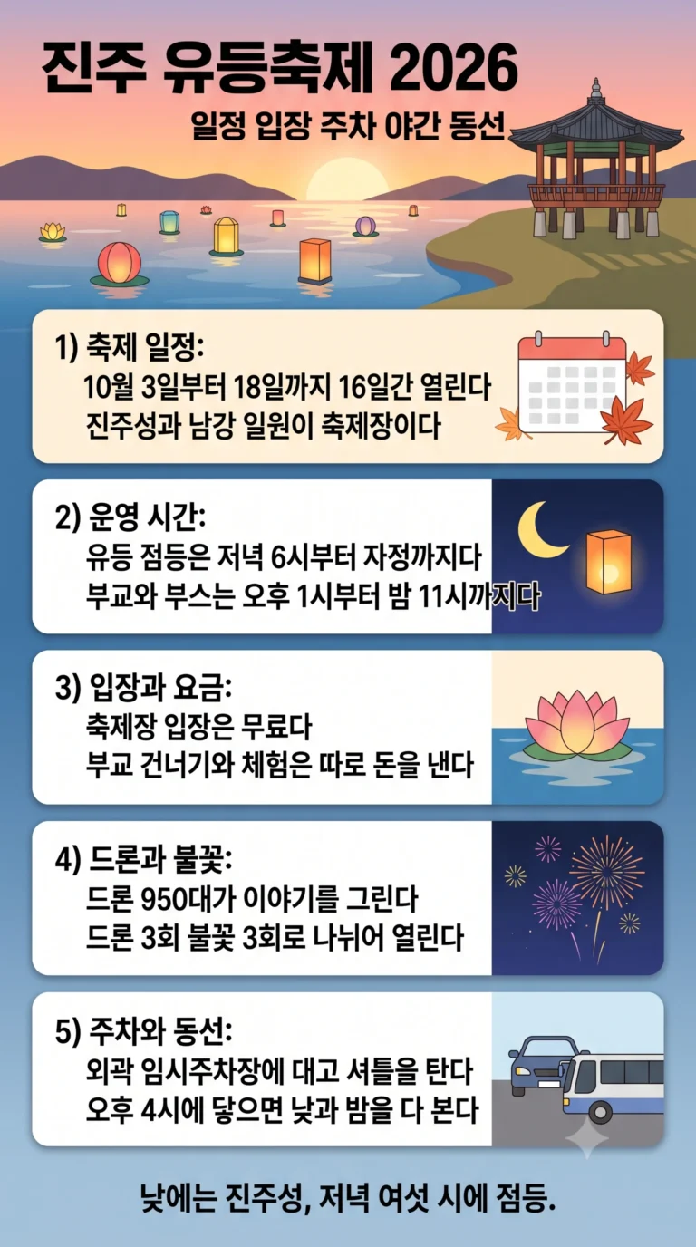 진주 유등축제 2026 — 16일간 일정과 무료 입장, 주차·야간 관람 동선