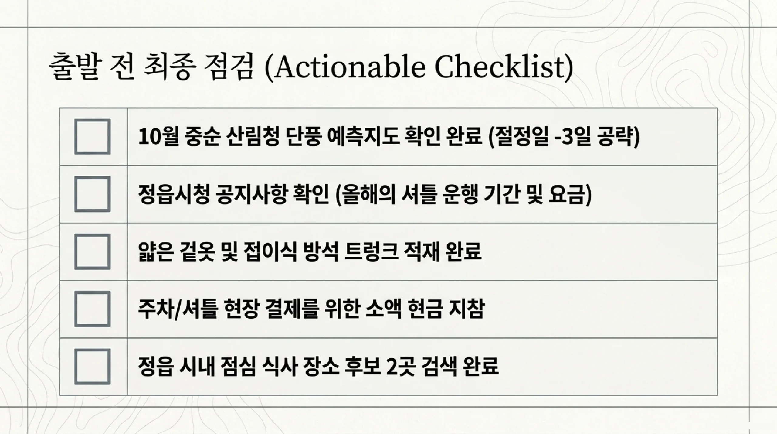 내장산 단풍 여행 출발 전 최종 점검 목록 — 10월 중순에 발표되는 산림청 단풍 예측지도로 그해 절정일을 확인하고 절정일보다 이삼일 이른 날을 공략하며, 정읍시청 공지사항에서 그해 셔틀 운행 기간과 요금을 확인하고, 산속 이른 아침은 시내보다 5도 낮으므로 얇은 겉옷과 접이식 방석을 트렁크에 싣고, 주차와 셔틀 현장 결제를 위해 소액 현금을 지참하며, 절정기 주말 상가 대기가 길므로 정읍 시내 점심 식사 장소 후보를 미리 검색해 두라는 체크리스트