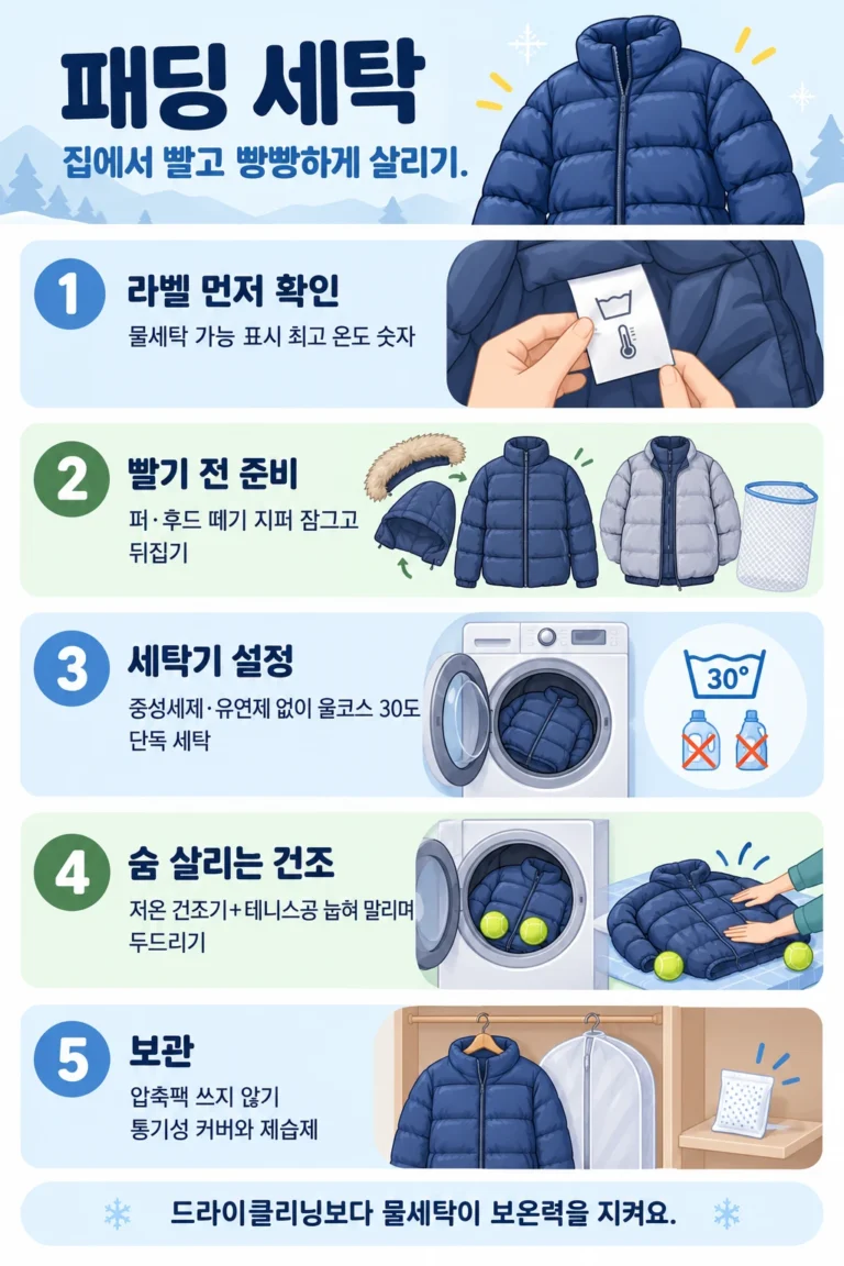패딩 세탁 — 롱패딩·구스다운 집에서 빠는 법과 숨 죽은 패딩 살리기