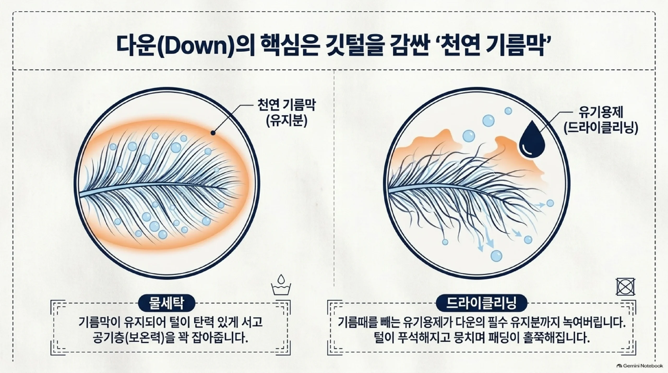 다운 패딩의 천연 기름막 비교 — 물세탁은 깃털을 감싼 유지분이 유지돼 털이 탄력 있게 서고 공기층을 잡아 주지만, 드라이클리닝 유기용제는 유지분까지 녹여 털이 푸석해지고 패딩이 홀쭉해진다는 그림