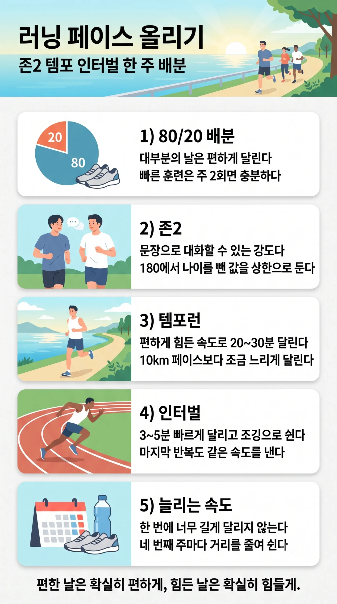 러닝 페이스 올리기 인포그래픽 — 대부분의 날은 편하게 달리고 빠른 훈련은 주 2회면 충분하며, 존2는 문장으로 대화할 수 있는 강도로 180에서 나이를 뺀 값을 상한으로 두고, 템포런은 편하게 힘든 속도로 20~30분 10km 페이스보다 조금 느리게 달리며, 인터벌은 3~5분 빠르게 달리고 조깅으로 쉬되 마지막 반복도 같은 속도를 내고, 한 번에 너무 길게 달리지 않고 네 번째 주마다 거리를 줄여 쉰다는 안내
