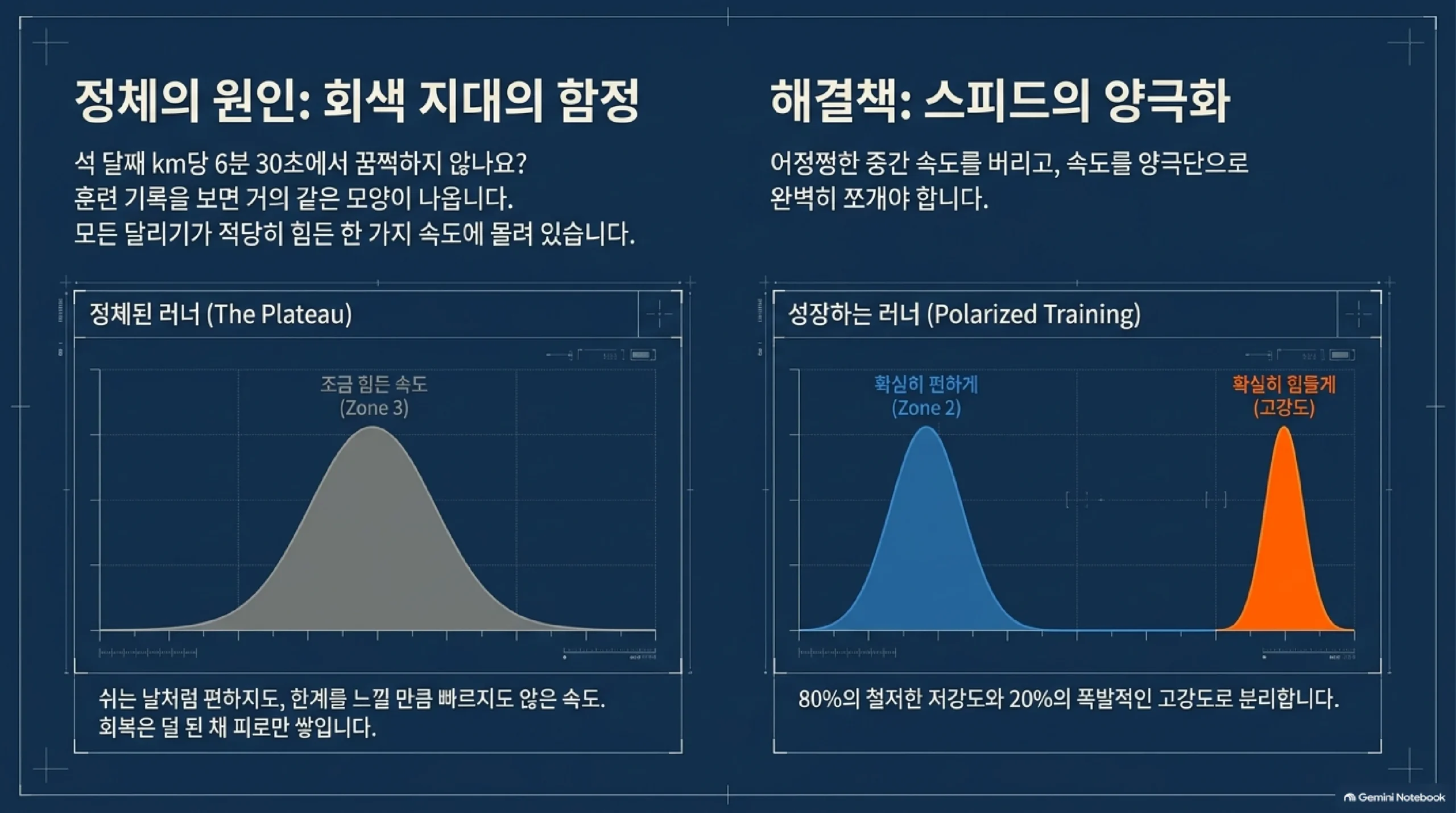 러닝 페이스가 멈추는 원인을 두 그래프로 비교한 그림 — 정체된 러너는 모든 달리기가 조금 힘든 한 가지 속도에 몰려 회복은 덜 된 채 피로만 쌓이고, 성장하는 러너는 확실히 편한 존2와 확실히 힘든 고강도로 속도를 양쪽으로 나눠 80퍼센트를 저강도, 20퍼센트를 고강도로 채운다는 내용