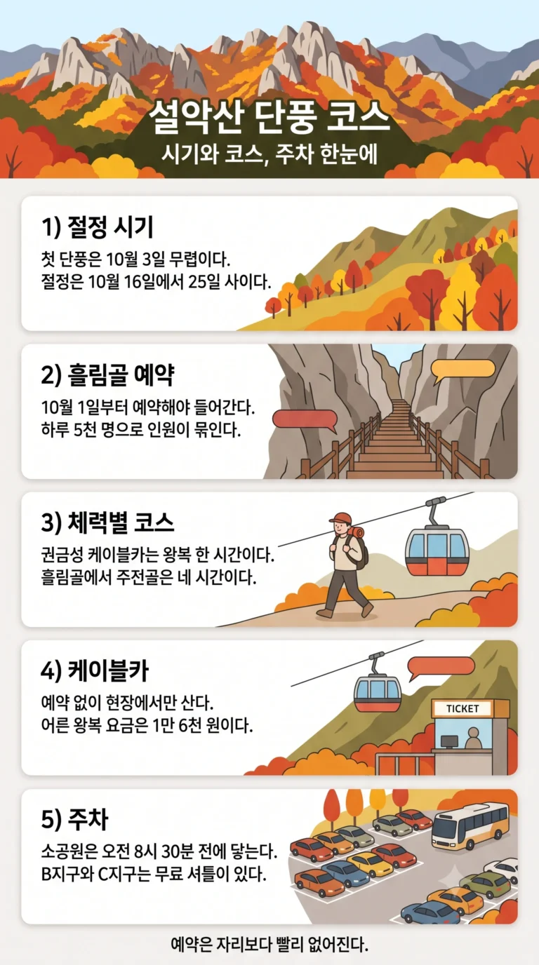 설악산 단풍 코스 2026 — 절정 시기와 체력별 코스, 주차와 셔틀