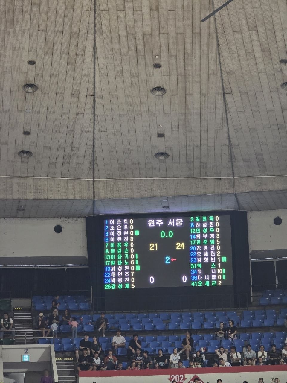 1쿼터 종료 전광판 — 원주 21, 서울 24
