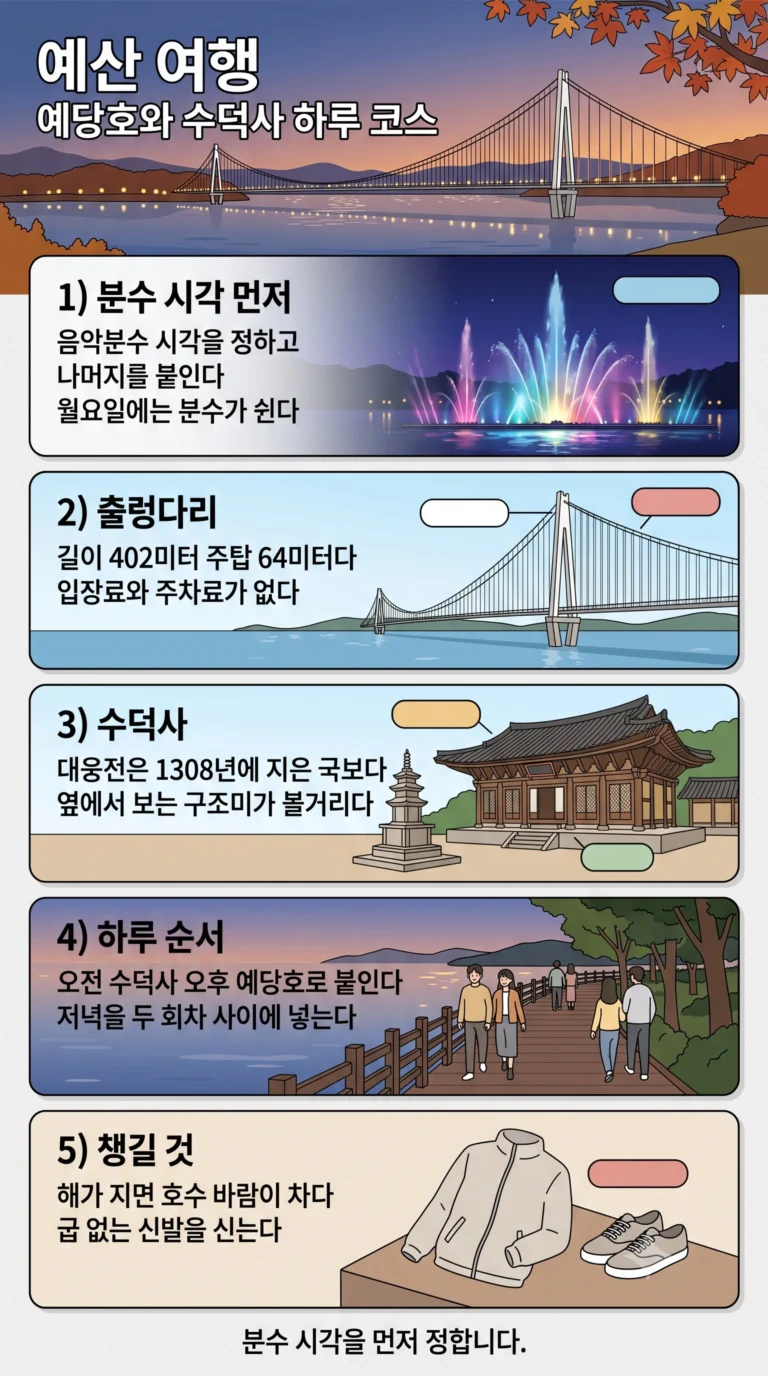 예산 여행 — 예당호 출렁다리·음악분수와 수덕사 하루 코스