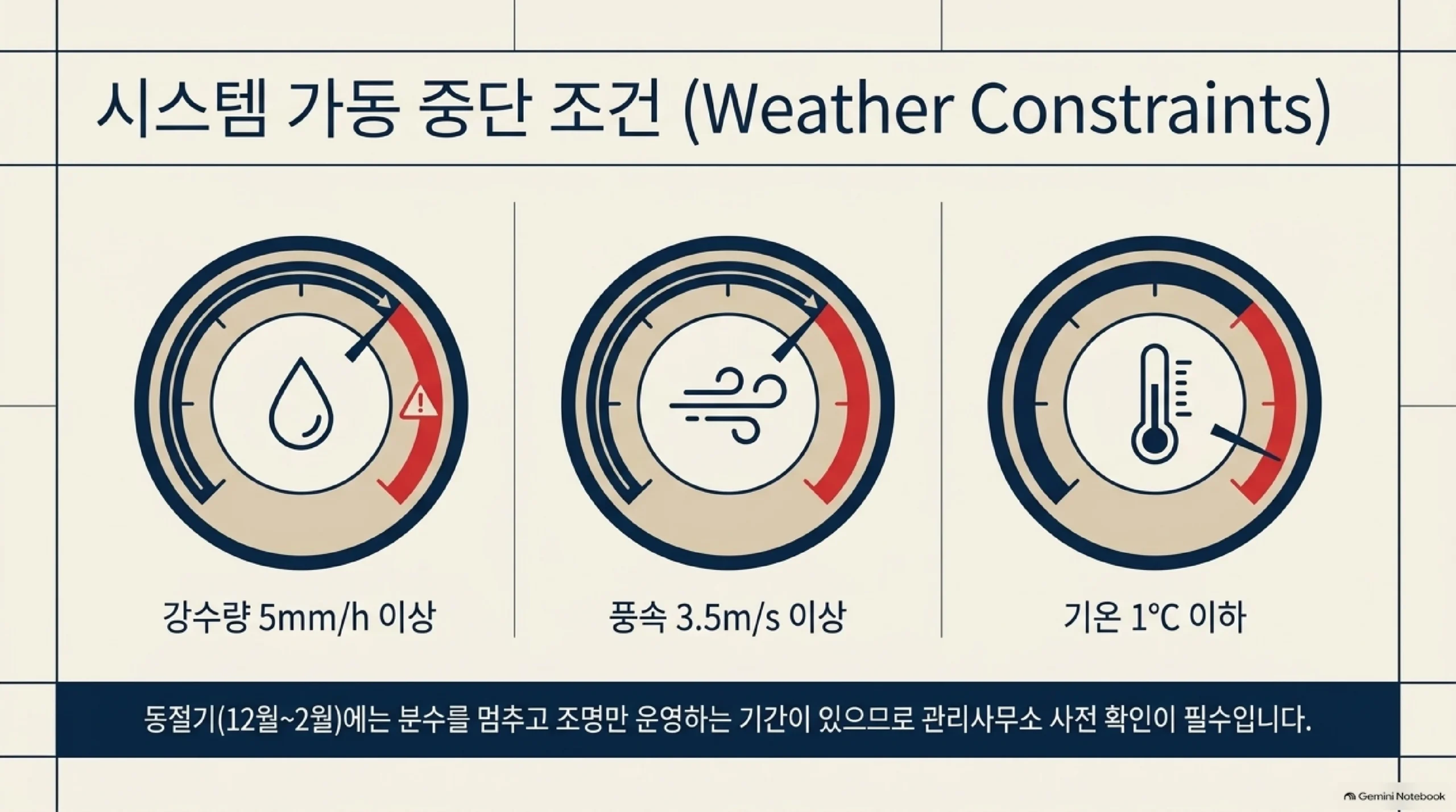 예당호 음악분수가 멈추는 기상 조건을 계기판으로 나타낸 그림 — 시간당 강수량 5밀리미터 이상이거나 풍속 초속 3.5미터 이상이거나 기온 1도 이하일 때 가동이 중단되며, 12월부터 2월 사이 동절기에는 분수를 멈추고 조명만 운영하는 기간이 있으므로 관리사무소에 미리 확인해야 한다는 안내