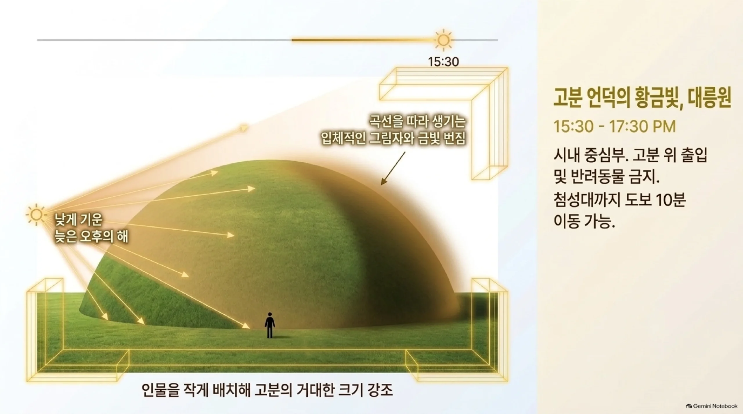 대릉원 고분 언덕의 황금빛 — 늦은 오후 낮게 기운 해가 고분 곡선을 따라 그림자와 금빛을 만들고, 인물을 작게 넣으면 고분의 크기가 강조되며, 고분 위 출입과 반려동물은 금지되고 첨성대까지 걸어서 10분 남짓이라는 안내
