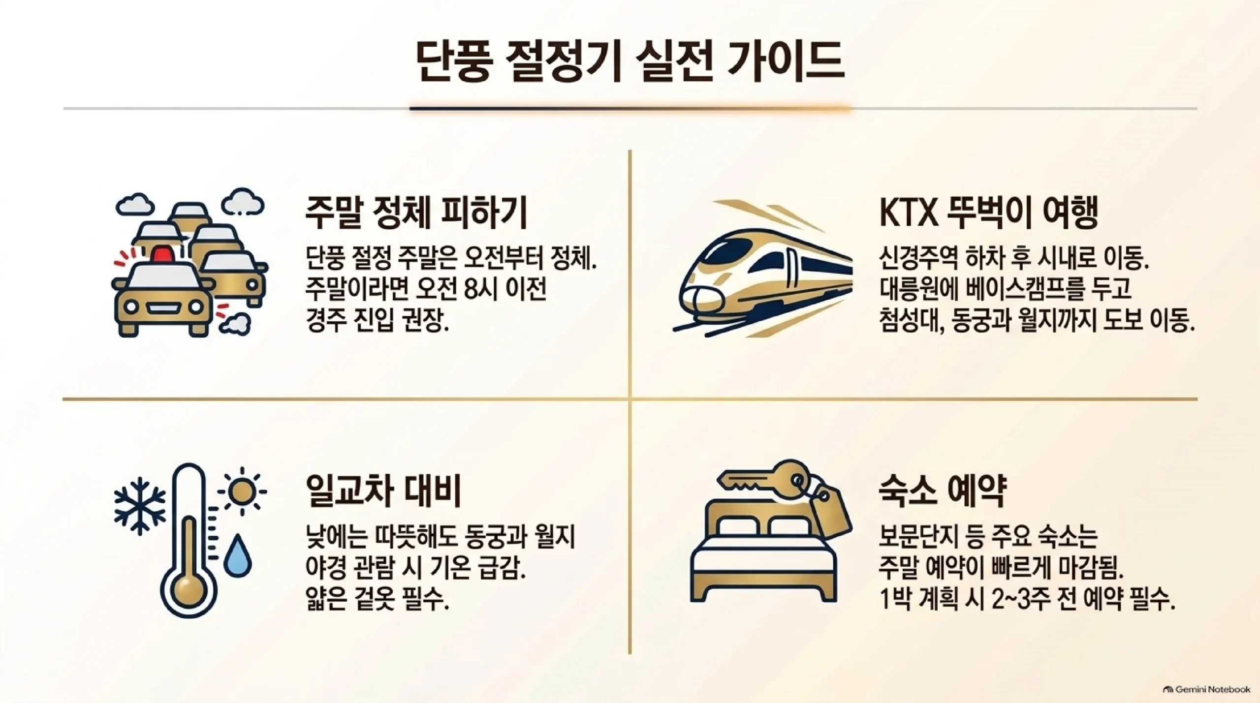 단풍 절정기 경주 여행 팁 — 절정 주말에는 오전 8시 전에 경주에 들어가고, KTX 신경주역에서 시내로 이동해 대릉원·첨성대·동궁과 월지를 걸어서 둘러보며, 야경 볼 때 기온이 떨어지니 얇은 겉옷을 챙기고, 보문단지 숙소는 2~3주 전에 예약하라는 안내