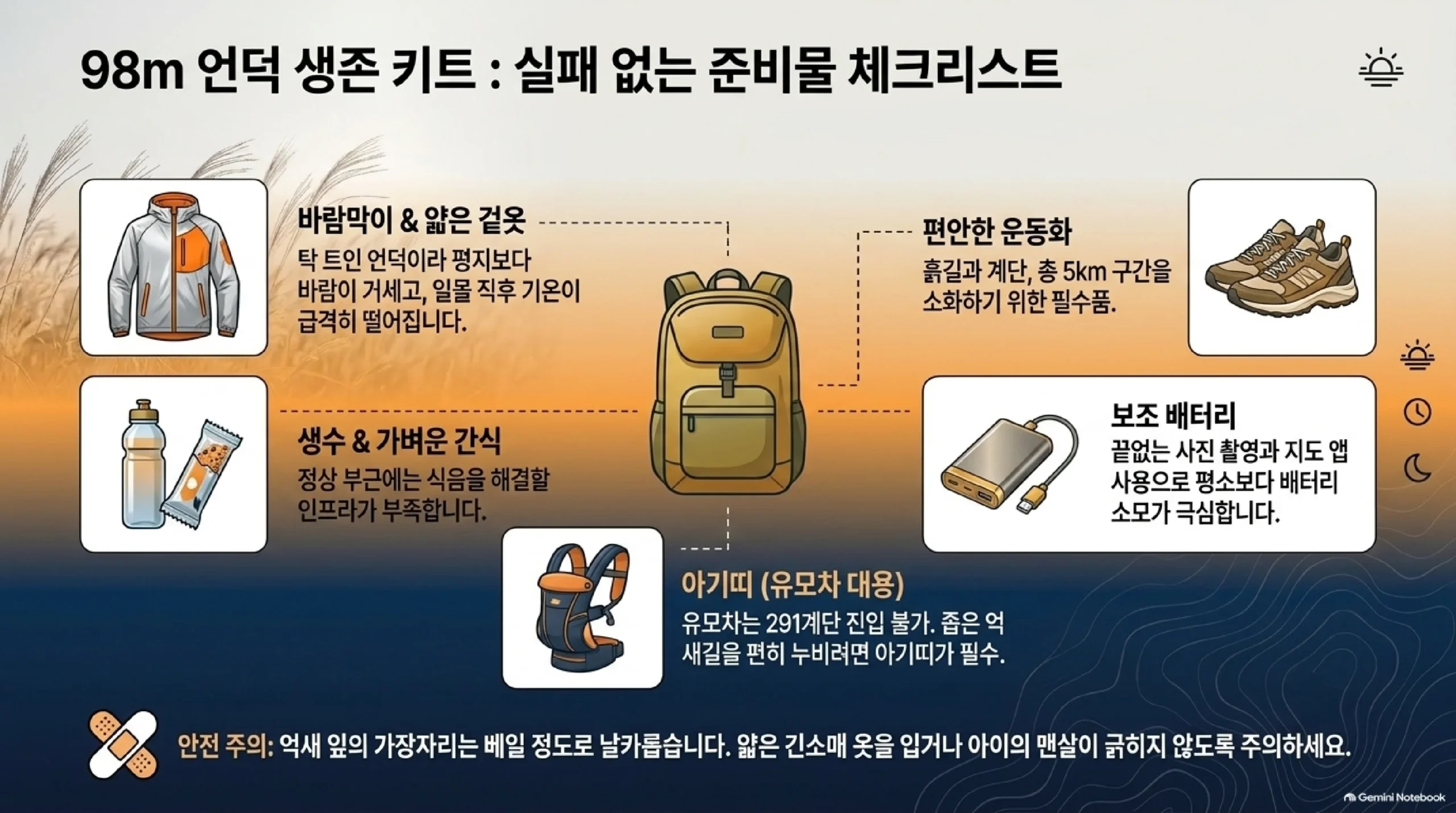 하늘공원 억새축제 준비물 — 정상은 바람이 세고 해 지면 기온이 떨어져 바람막이와 얇은 겉옷, 흙길과 계단을 걷는 편한 운동화, 정상 부근 먹을 곳이 적어 물과 간식, 사진과 지도로 닳는 보조배터리, 유모차는 계단을 못 올라 아기띠를 챙기고 억새 잎 가장자리에 맨살이 긁히지 않게 주의하라는 안내