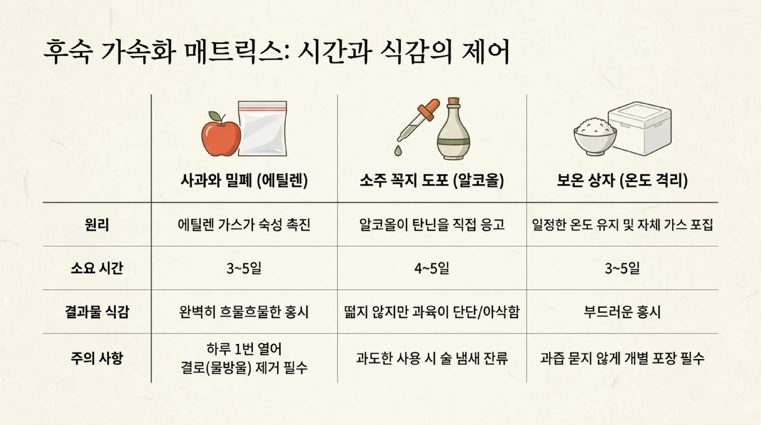홍시 빨리 익히는 법 비교표 — 사과와 밀폐(에틸렌, 3~5일, 하루 한 번 열어 물방울 닦기), 꼭지에 소주 묻히기(알코올, 4~5일, 떫지 않지만 과육이 단단할 수 있음), 쌀통·보온 상자(온도 유지, 3~5일, 하나씩 포장)
