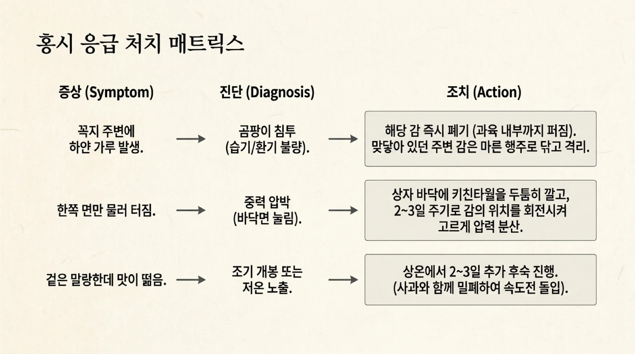 홍시 만들 때 생기는 문제와 대처 — 꼭지 주변 하얀 가루는 곰팡이라 버리고 닿았던 감은 닦아 떼어 두기, 한쪽만 물러 터지면 바닥에 키친타월을 깔고 2~3일마다 위치 바꾸기, 겉은 말랑한데 떫으면 상온에서 2~3일 더 두거나 사과와 함께 밀폐하기