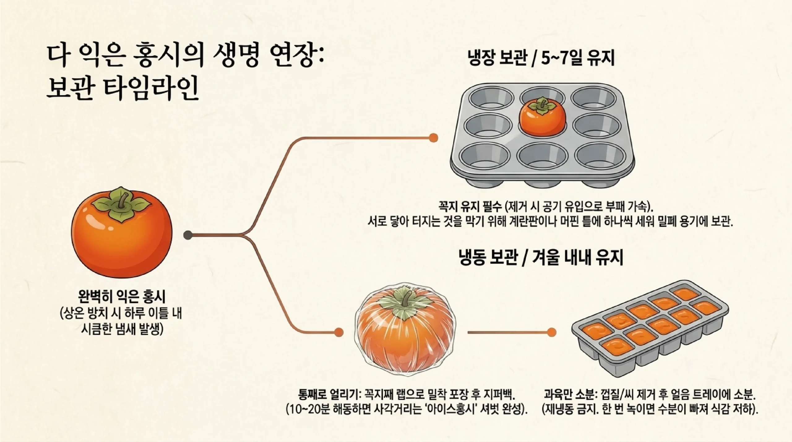 다 익은 홍시 보관 — 냉장은 꼭지를 떼지 않고 머핀 틀이나 계란판에 하나씩 세워 5~7일, 냉동은 꼭지째 랩으로 감싸 얼려 10~20분 뒤 아이스홍시로 먹거나 껍질과 씨를 빼고 얼음 트레이에 소분하기, 한 번 녹인 홍시는 다시 얼리지 않기