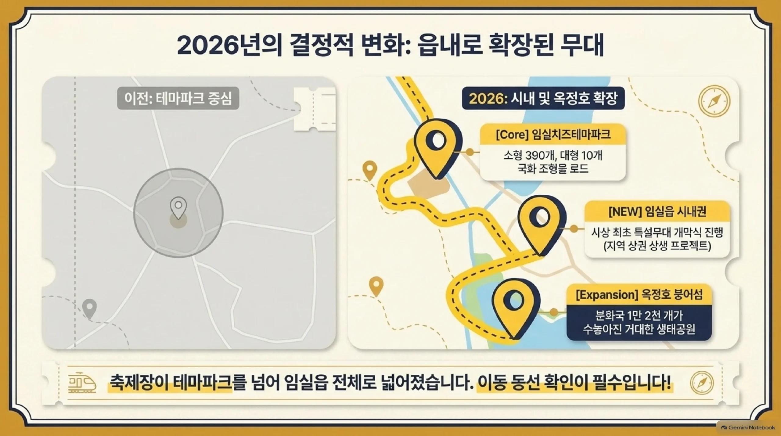 2026년 축제장 변화 — 이전에는 테마파크 중심이었지만 올해는 임실치즈테마파크(소형 390개·대형 10개 국화 조형물), 처음으로 특설무대 개막식을 여는 임실읍 시내권, 분화국 1만 2천 개를 놓는 옥정호 붕어섬으로 넓어져 이동 동선 확인이 필요하다는 지도