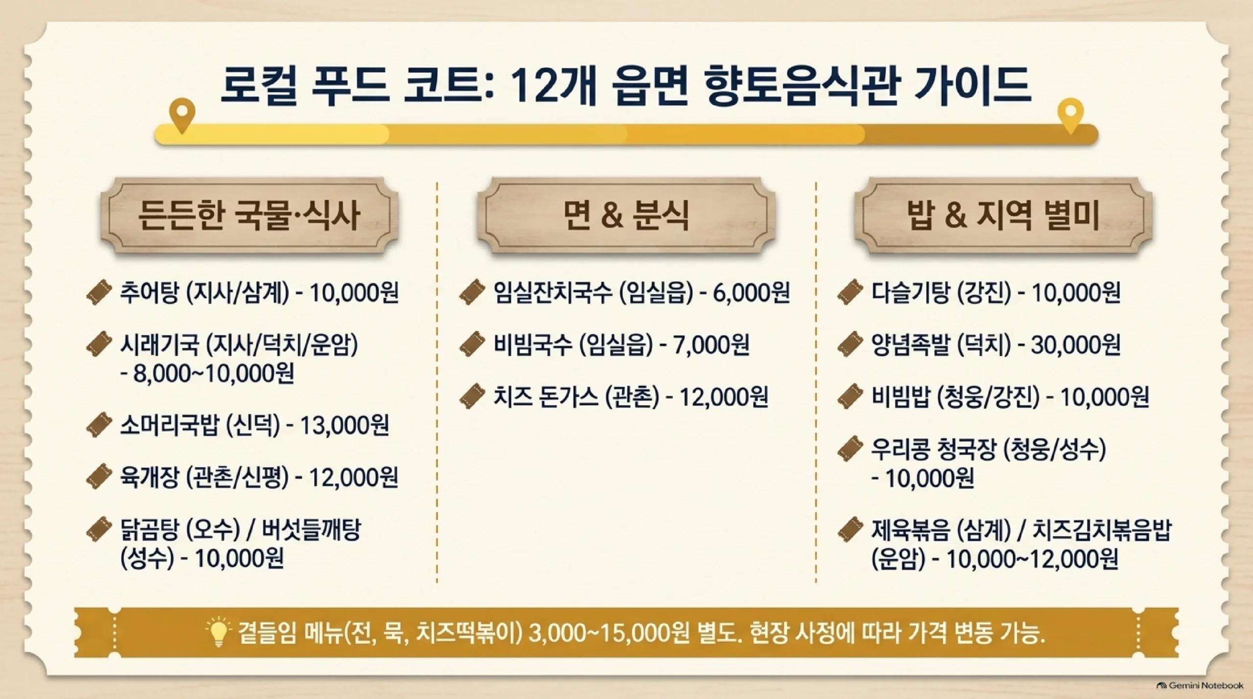 12개 읍면 향토음식관 메뉴 — 추어탕 10,000원, 시래기국 8,000~10,000원, 한우 소머리국밥 13,000원, 육개장 12,000원, 닭곰탕·버섯들깨탕 10,000원, 임실잔치국수 6,000원, 비빔국수 7,000원, 치즈 돈가스 12,000원, 다슬기탕·비빔밥·청국장 10,000원, 양념족발 30,000원, 곁들임 메뉴 3,000~15,000원 별도
