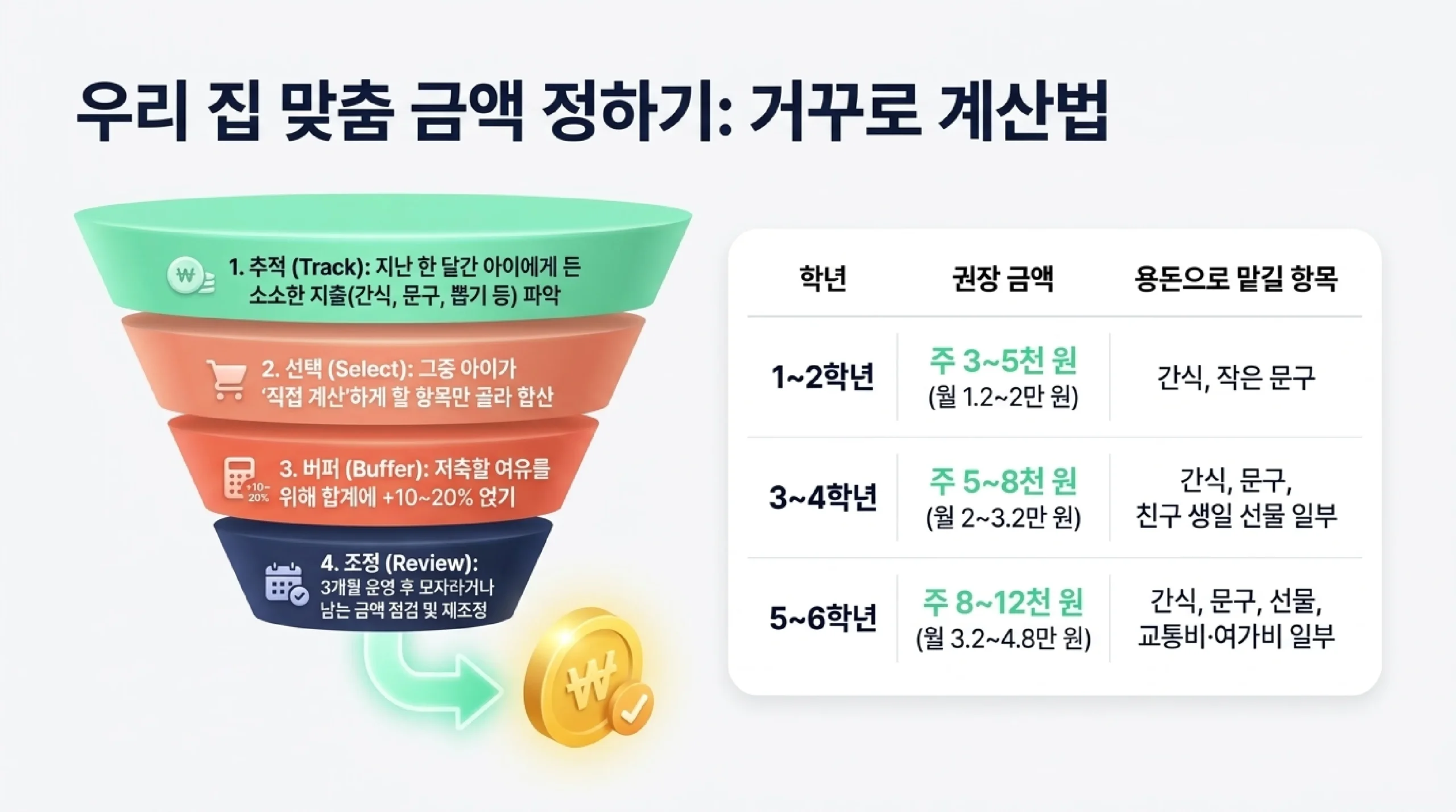 초등 용돈 금액 거꾸로 계산법 — 지난 한 달 아이에게 든 소소한 지출을 파악하고, 아이가 직접 계산할 항목만 골라 더한 뒤, 저축 여유로 10~20%를 얹고, 3개월 운영 후 조정하며, 1~2학년 주 3~5천 원·3~4학년 주 5~8천 원·5~6학년 주 8~12천 원과 맡길 항목을 정리한 표