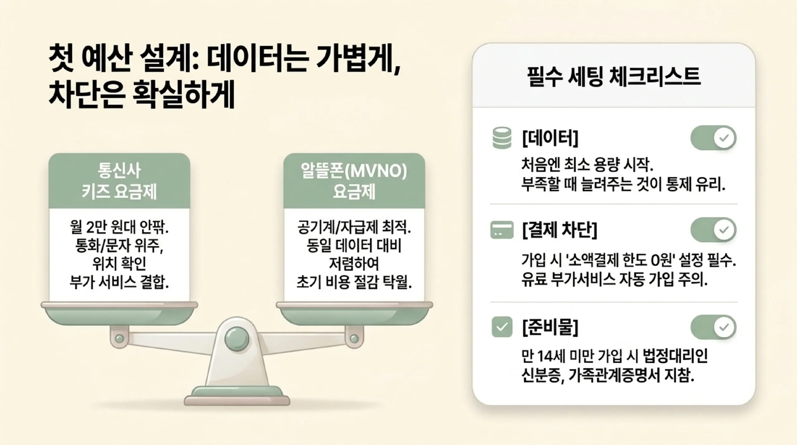첫 요금 설계 — 통신사 키즈 요금제는 월 2만 원대 안팎에 통화·문자와 위치 확인 부가 서비스, 알뜰폰 요금제는 공기계·자급제에 맞고 저렴하며, 데이터는 최소 용량으로 시작, 소액결제 한도 0원, 만 14세 미만은 법정대리인 신분증과 가족관계증명서 지참