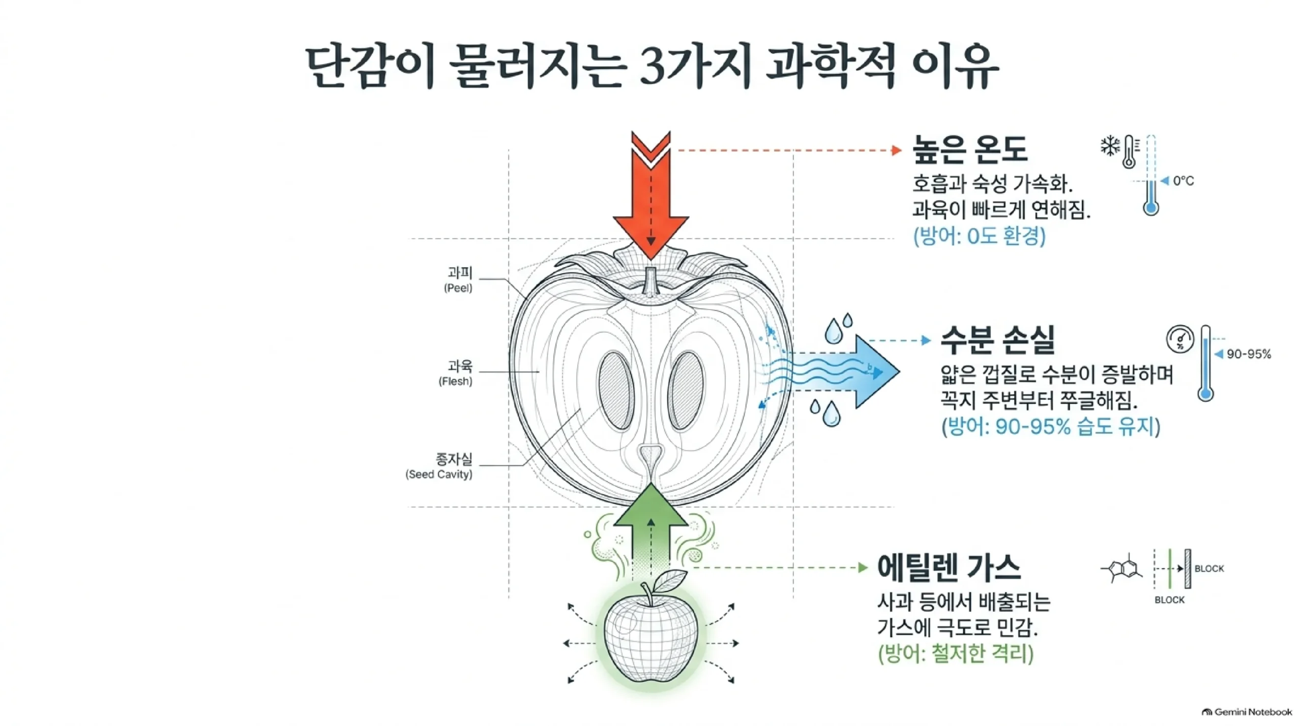 단감이 물러지는 3가지 이유 — 높은 온도는 호흡과 숙성을 빠르게 해 0도 환경으로 막고, 얇은 껍질로 수분이 빠지면 꼭지 주변부터 쭈글해져 습도 90~95%로 막으며, 사과 등에서 나오는 에틸렌 가스에 민감해 따로 떼어 둔다는 단감 단면 도해