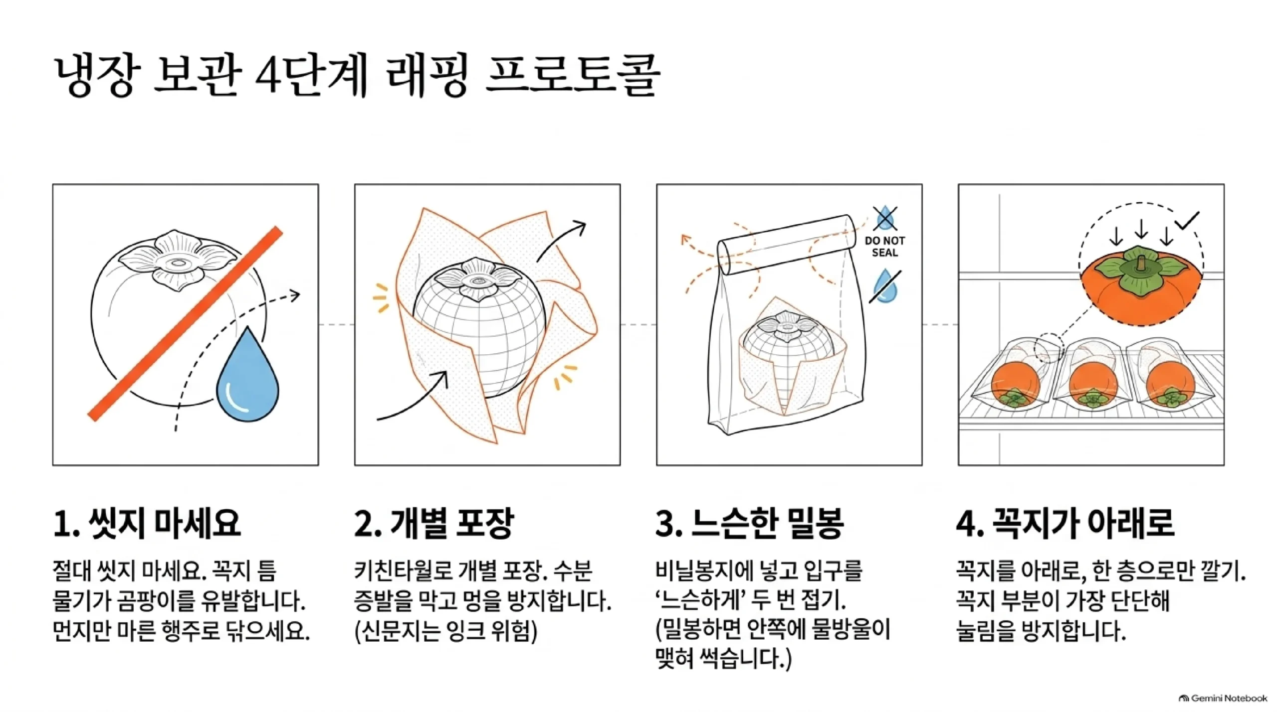 냉장 보관 4단계 — 씻지 말고 마른 행주로 먼지만 닦기, 키친타월로 하나씩 감싸기, 비닐봉지 입구를 느슨하게 두 번 접기, 꼭지를 아래로 한 층으로만 깔기