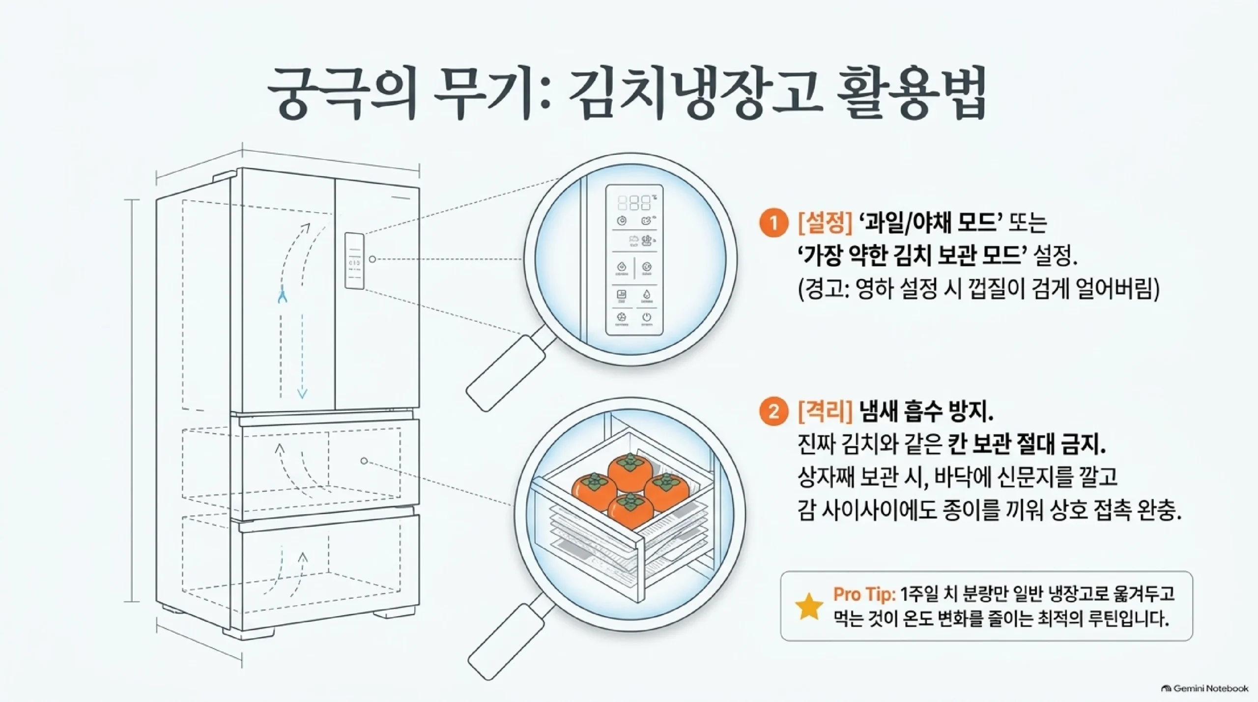 김치냉장고 활용법 — 과일·야채 모드나 가장 약한 김치 보관 모드로 설정하고 영하 설정은 피하며, 김치와 같은 칸을 쓰지 않고 상자째 넣을 때는 바닥과 감 사이에 종이를 끼우고, 일주일 치만 일반 냉장고로 옮겨 먹으라는 안내