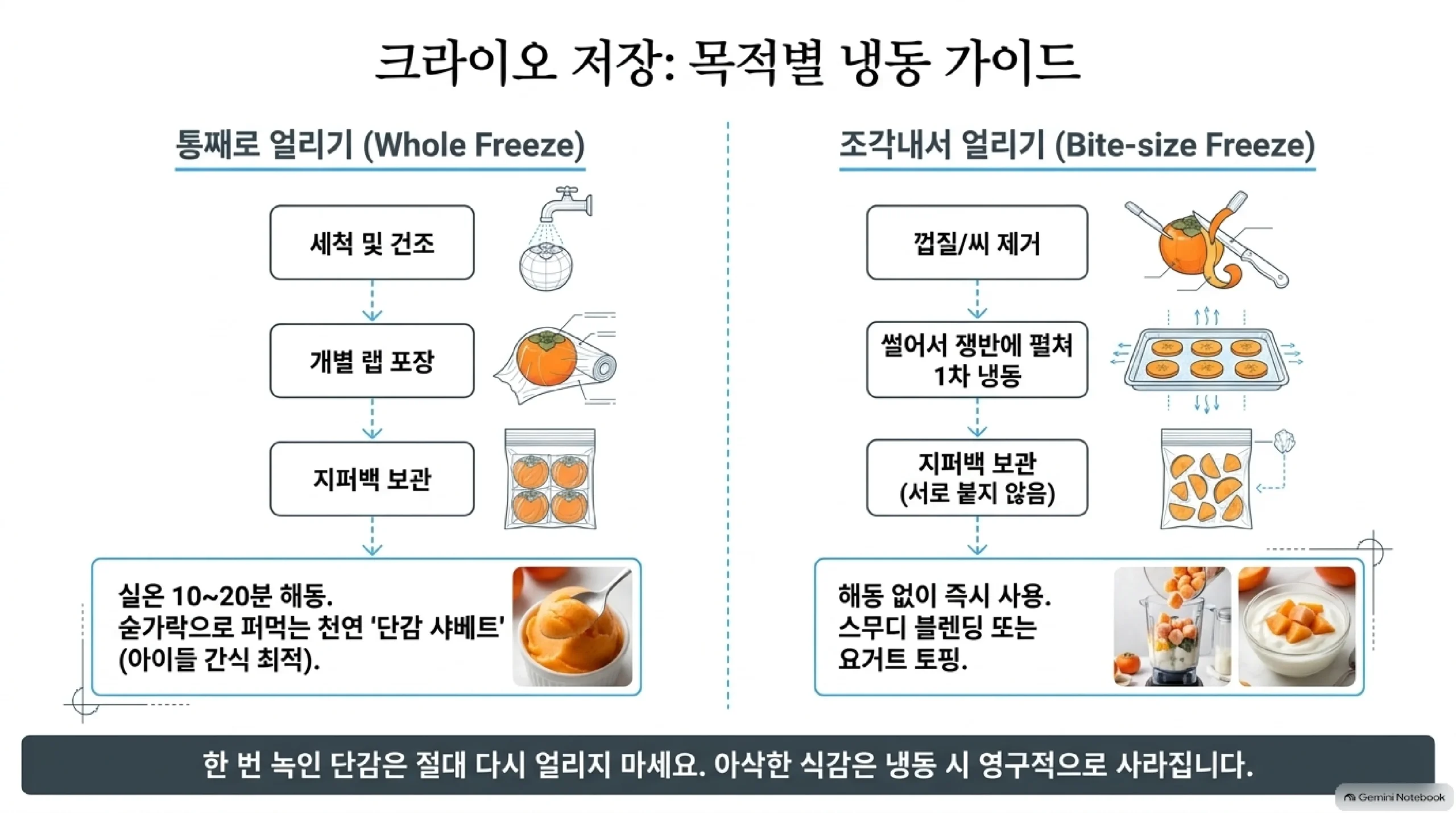 단감 냉동 보관 두 가지 — 통째로는 씻어 말린 뒤 랩으로 싸 지퍼백에 넣고 실온에서 10~20분 녹여 샤베트로 먹고, 조각으로는 껍질과 씨를 빼고 썰어 쟁반에서 한 번 얼린 뒤 지퍼백에 담아 스무디·요거트에 바로 쓰며, 한 번 녹인 단감은 다시 얼리지 않는다는 안내