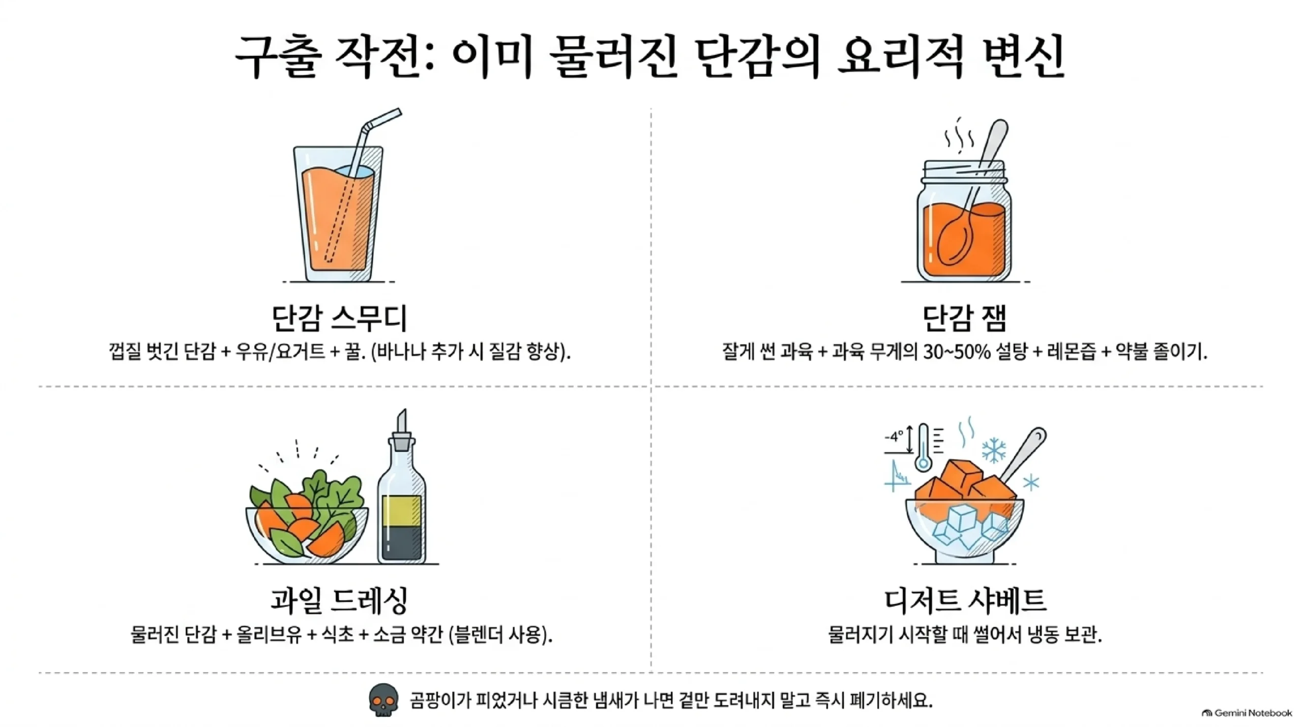 물러진 단감 활용 4가지 — 우유·요거트·꿀과 함께 간 단감 스무디, 과육 무게의 30~50% 설탕과 레몬즙으로 약불에 졸인 단감 잼, 올리브유·식초·소금과 간 과일 드레싱, 썰어서 얼린 디저트 샤베트, 곰팡이나 시큼한 냄새가 나면 버리라는 안내
