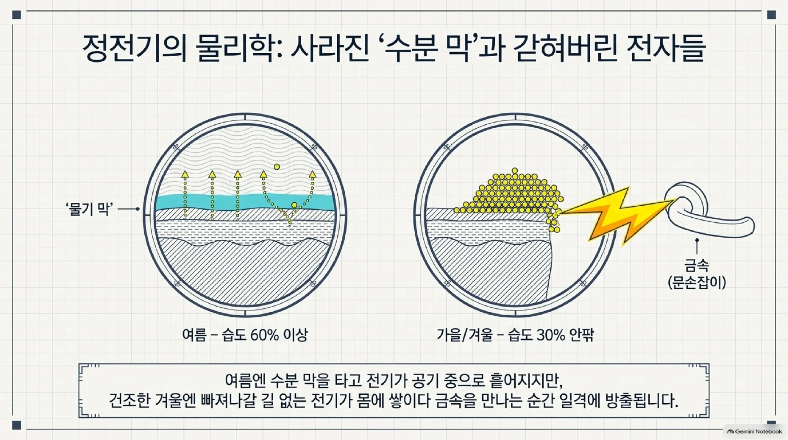 정전기가 생기는 원리 — 습도 60% 이상인 여름에는 피부 표면의 물기 막을 타고 전기가 공기 중으로 흩어지지만, 습도 30% 안팎인 가을·겨울에는 빠져나갈 길이 없는 전기가 몸에 쌓였다가 금속 문손잡이를 만나는 순간 한꺼번에 방출된다는 비교 도해