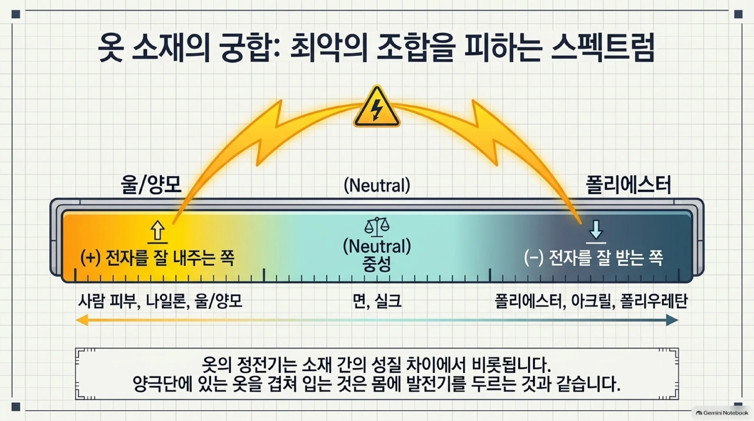 옷 소재와 정전기 — 사람 피부·나일론·울은 전자를 잘 내주는 쪽, 면·실크는 중간, 폴리에스터·아크릴·폴리우레탄은 전자를 잘 받는 쪽이라 양 끝 소재를 겹쳐 입을수록 정전기가 크게 생긴다는 띠 그래프