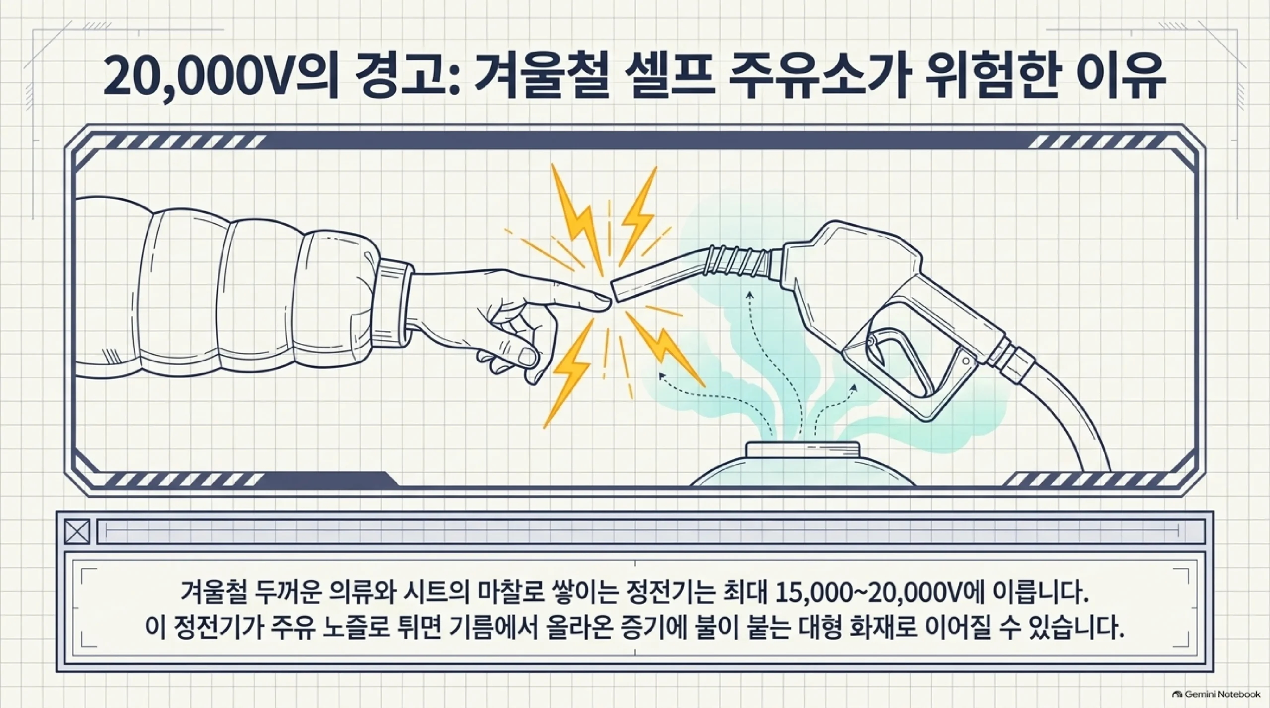 셀프주유소 정전기 위험 — 겨울철 두꺼운 옷과 시트 마찰로 쌓이는 정전기는 15,000~20,000V에 이르고, 이 정전기가 주유 노즐로 튀면 기름에서 올라온 증기에 불이 붙을 수 있다는 경고 그림