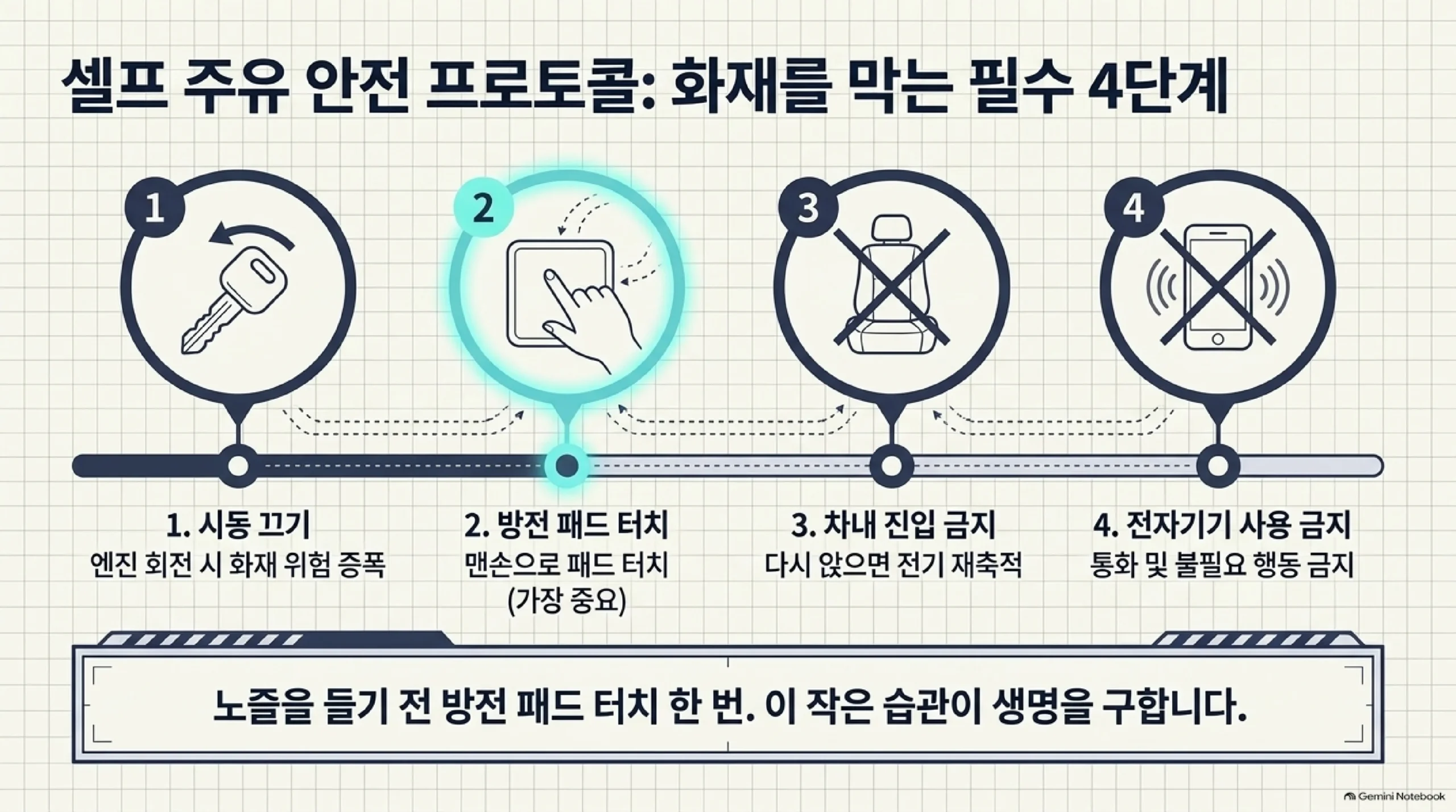 셀프 주유 안전 4단계 — 시동 끄기, 맨손으로 정전기 방지 패드 터치하기, 주유 중 차 안에 다시 들어가지 않기, 통화 등 불필요한 행동 하지 않기를 순서대로 보여 주는 그림