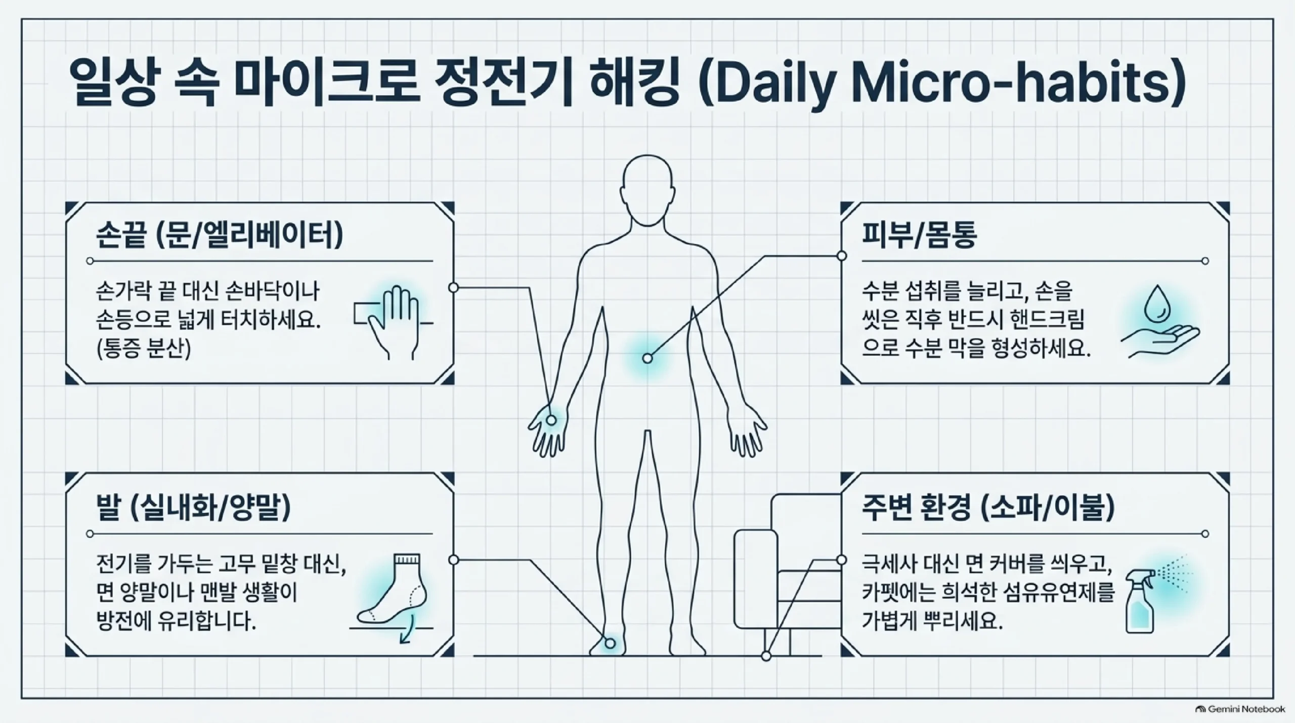 생활 속 정전기 줄이는 습관 — 문과 엘리베이터 버튼은 손가락 끝 대신 손바닥·손등으로 넓게 닿고, 손 씻은 뒤 핸드크림과 물 마시기로 피부 수분을 지키며, 고무 밑창 대신 면 양말, 소파·이불은 면 커버에 카펫엔 희석한 섬유유연제를 뿌리라는 안내